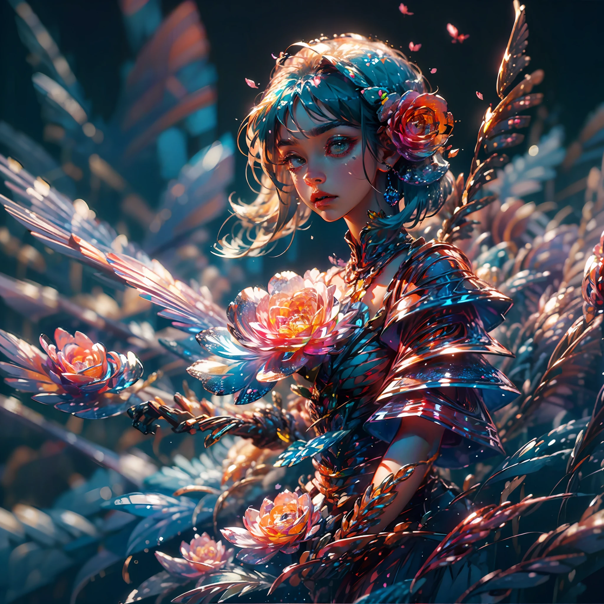 an flowers,Crystal flowers,Lots of colors,cleanness,Petals are layered,Crystal flowers,crystal blossom flower,delicated,depth of fields,glittery,fanciful,cleanness,16k,Brilliant and colorful,Colorful,There are no characters,Don't be characterized