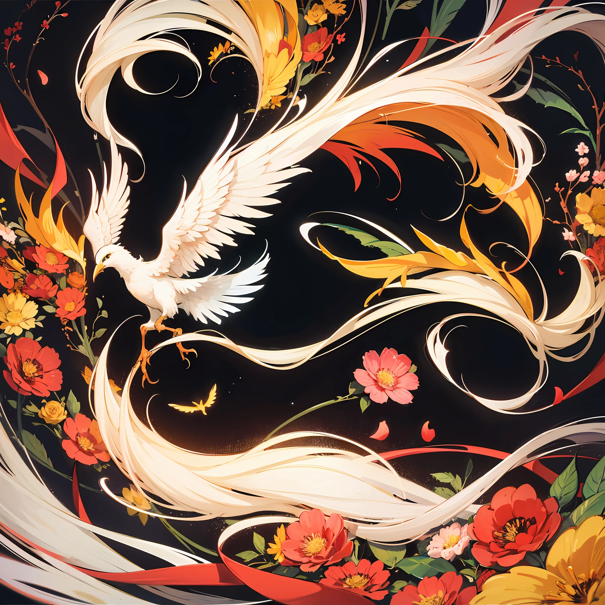 A hundred birds to the phoenix，Ink leaves white national style，Flowers want to look like The colors are simple and clear，There are complementary colors，Phoenix is very detailed，Top aesthetics --auto