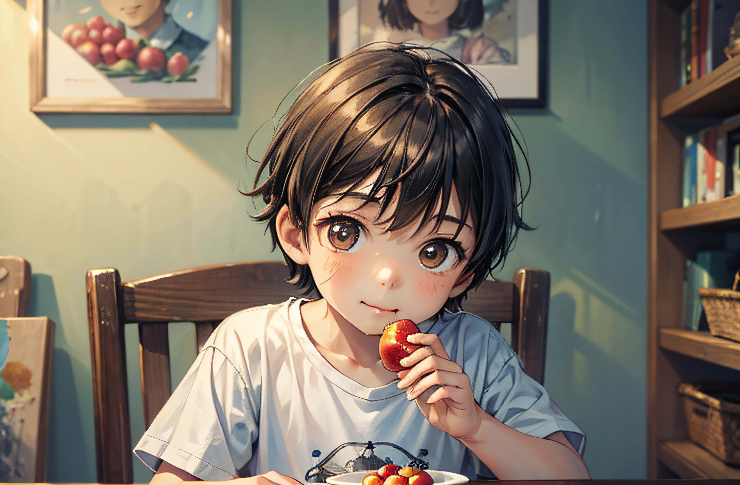 Miyazaki's painting style，A young boy with，Wear a short-sleeved T-shirt，Eating lychees，Family background，very happily，Side close-up view，