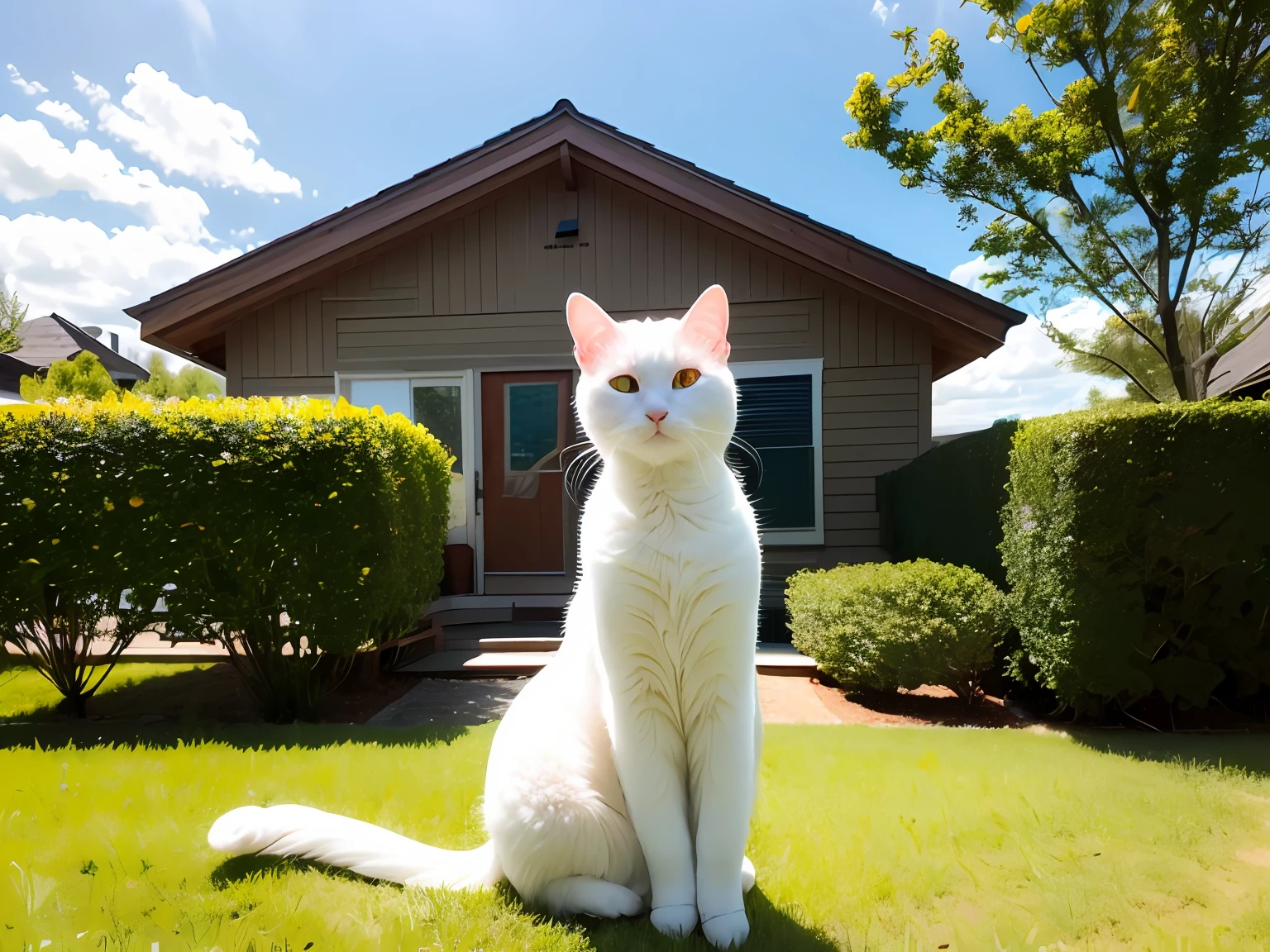 A long furry white cat standing in front of sky background,The foreground is clouds and trees,Bare tree,eBlue eyes,buliding,SakuraNS,In the daytime,exteriors,Skysky,独奏,The tree,whaite hair