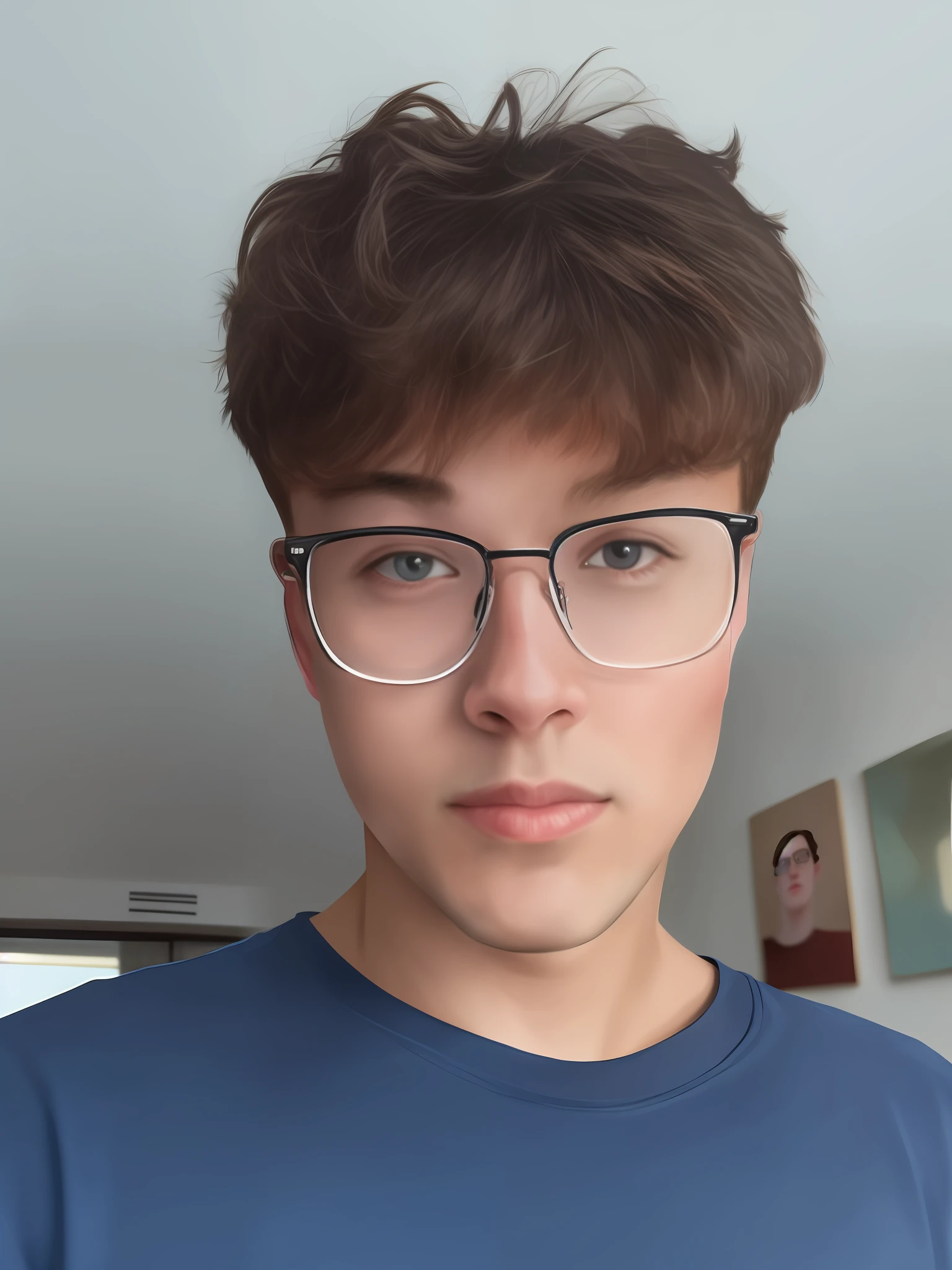 There was a young man with glasses and a blue shirt, headshot profile picture, 18 years old, halfbody headshot, 1 6 years old, thick glasses, taken in the early 2020s, 21 years old, miles johnstone, tommy 1 6 years old, staring right into camera, 2 2 years old, With glasses, 1 9 year old