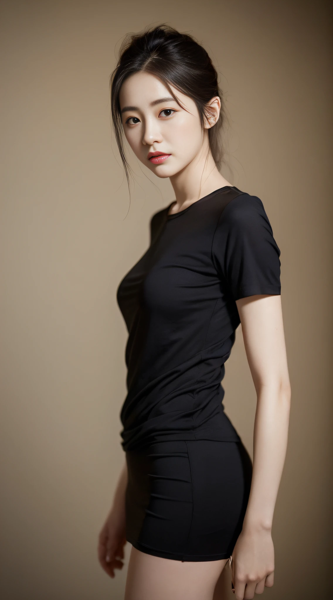 A woman wearing a tight black T-shirt and a short black skirt poses for a photo,A photograph inspired by Ma Yuanyu,Tumblr,hentail realism,dilraba dilmurat,beautiful Korean women,Korean girls,cute korean actress,Beautiful Korean young woman,gorgeous korean young woman,Young and cute Korean face,Kim Young-hin,ruan jia beautiful!,Korean female fashion model