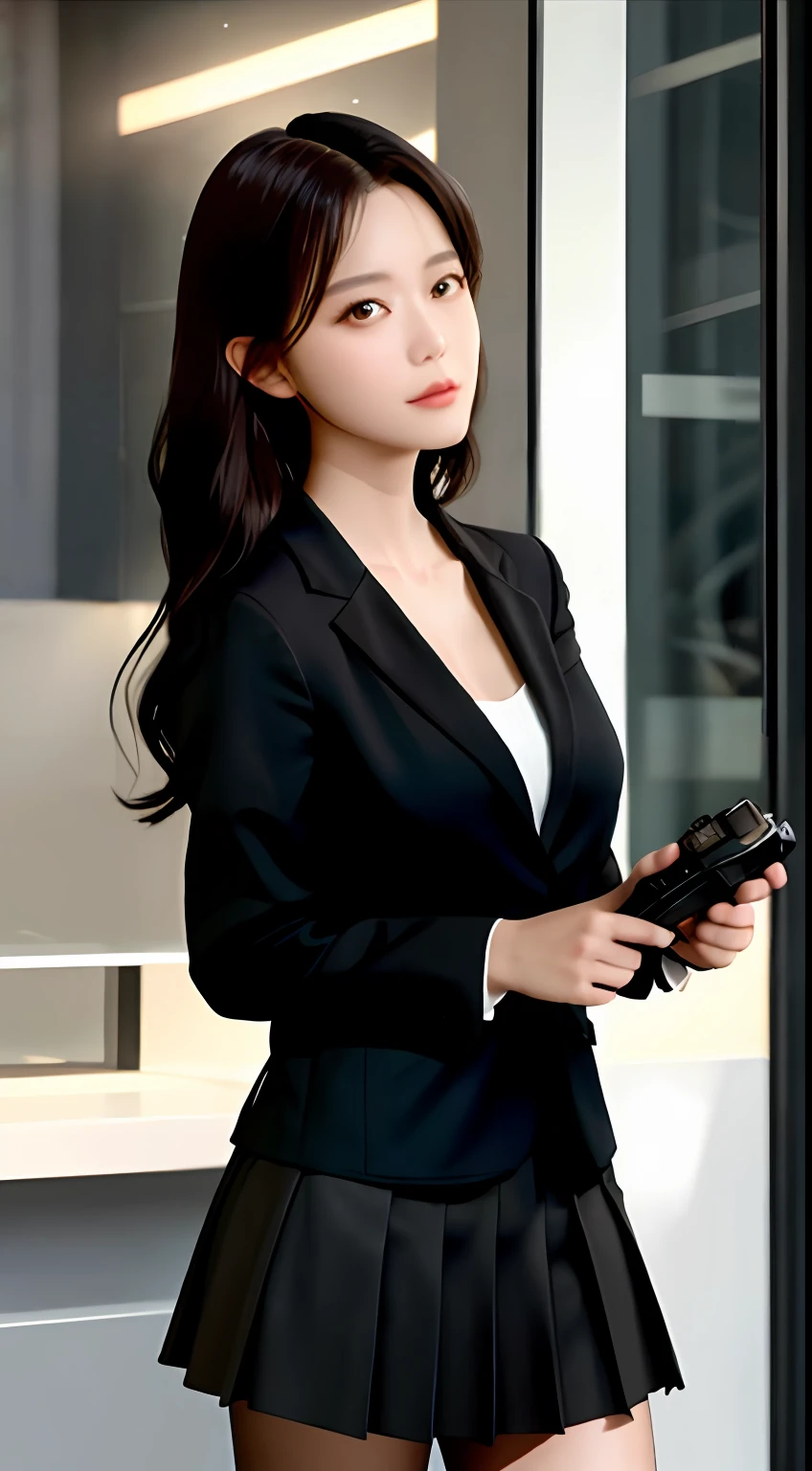 The best picture quality，A one-of-a-kind piece，1个Giant Breast Girl，Nice face，（Photorealistic：1.3），Edge lights，（Highly detailed skin tone：1.2），8K high-definition，digital SLR camera，high high quality，A high resolution，4K，8K，Bokeh background，fantastique，Four fingers and a thumb in optimal proportions，（realisticlying：1.3），cute female child，Wearing a black formal blazer，Medium breasts，short  skirt。