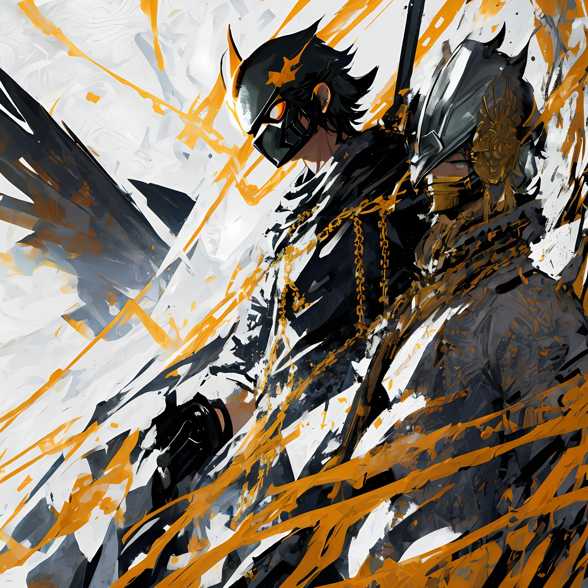 1人,(oni helmet and mask),japanese samurai armor,Gold chain,glowing light eyes,,negative space、Clear lines、hight contrast