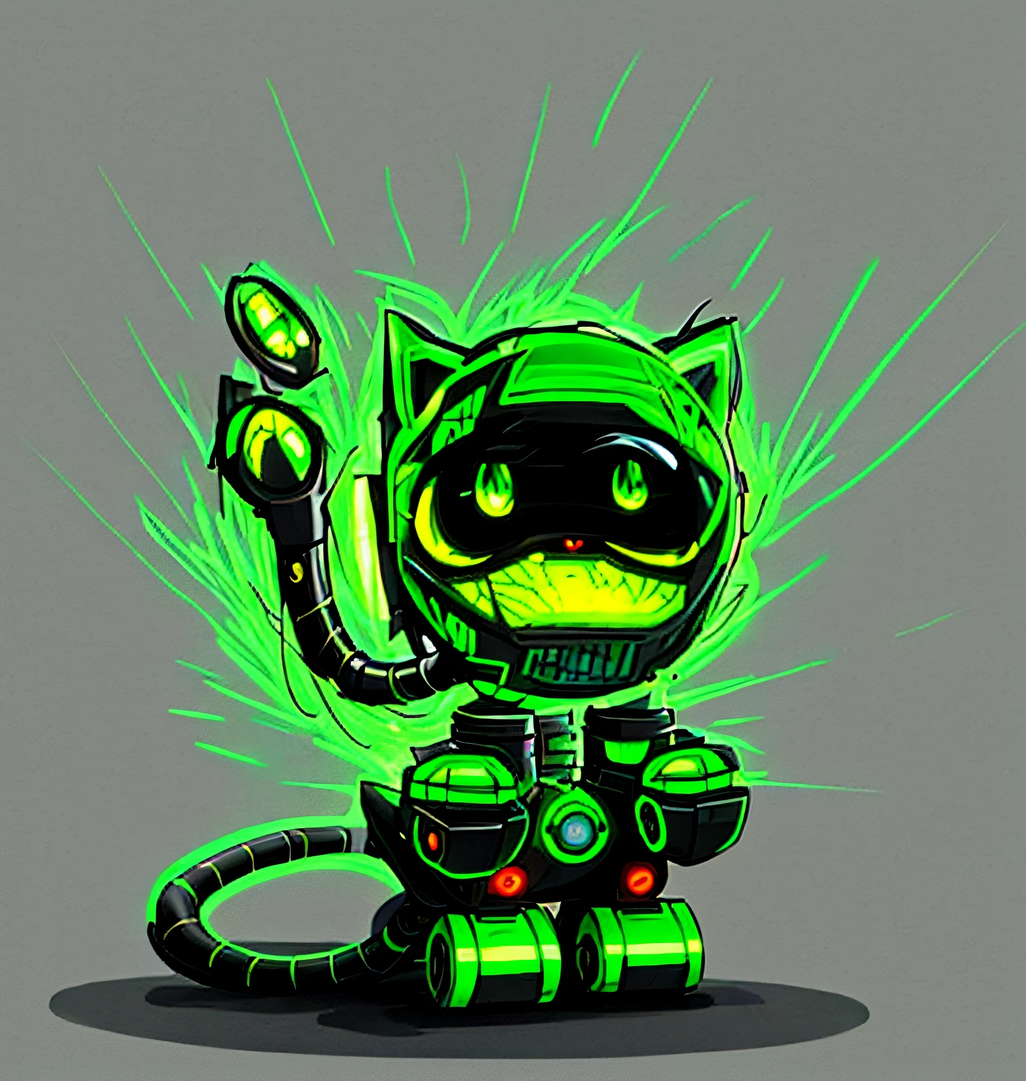 Draw a cat with green eyes and tail, robotic cat, cat robot, hero 2 d fanart artsation, cyborg kitten, Fully robotic!! cat, Cute robot, anthropomorphic cat ninja, colored sketch, Very cute robot Zen, robotic cat, high quality colorful sketch, a cyborg cat, Cybercat, advanced digital chibi art