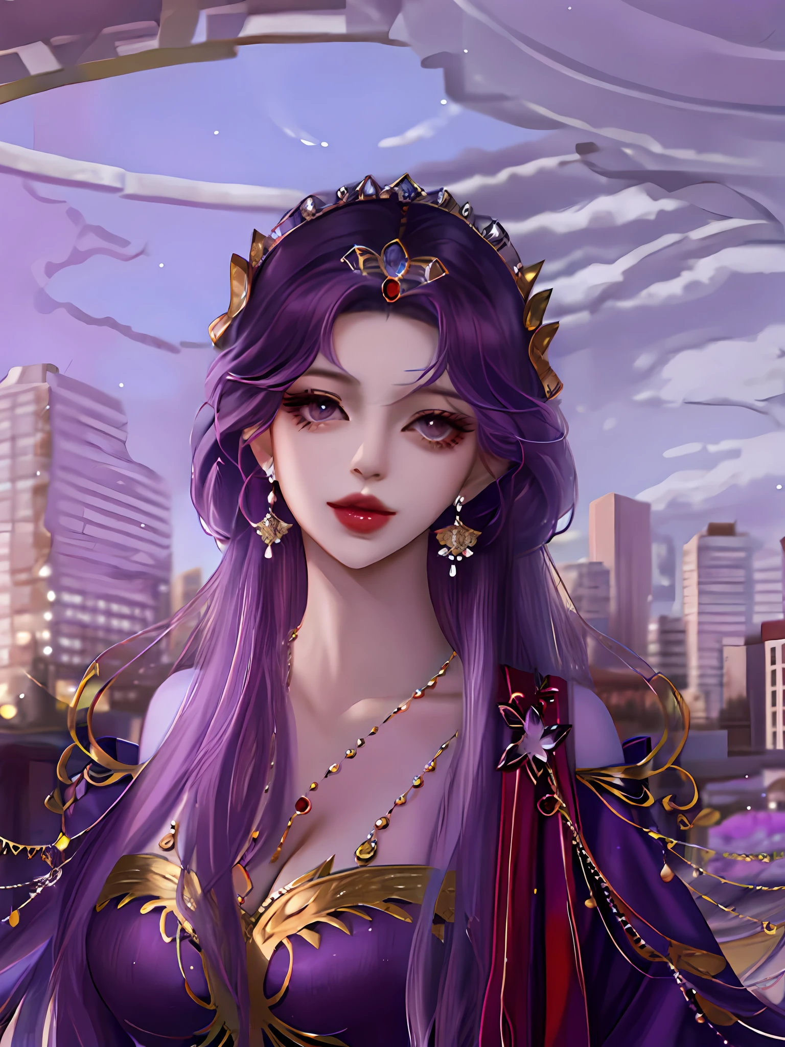 1girl, bare shoulders, puprle eyes, building, dress, earrings, fashi-girl, jewelry, long hair, looking at viewer, outdoors, closed mouth, purple hair, princess, sky, solo, tiara, purple dress,mature female,alluring,regal,imperious,imperial,large breasts,cleavage,portrait