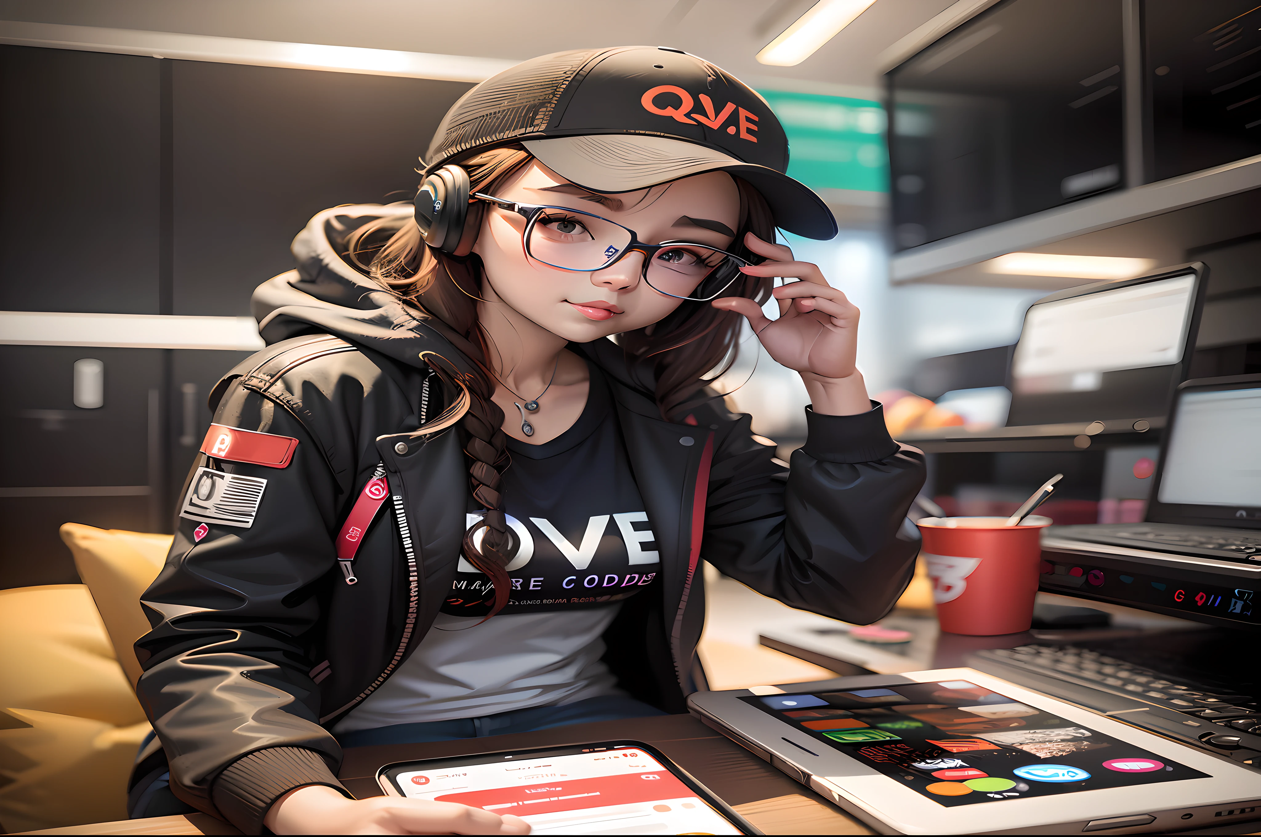 Woman in black jacket and glasses sitting at a table，Hold a laptop and phone, wlop and ross thran, photograph of a techwear woman, high quality portrait, Porquimane, profile picture 1024px, ross tran and wlop, wearing a gaming headset, twitch streamer, e-sport style, overwatch style, Shot on Canon EOS R 6