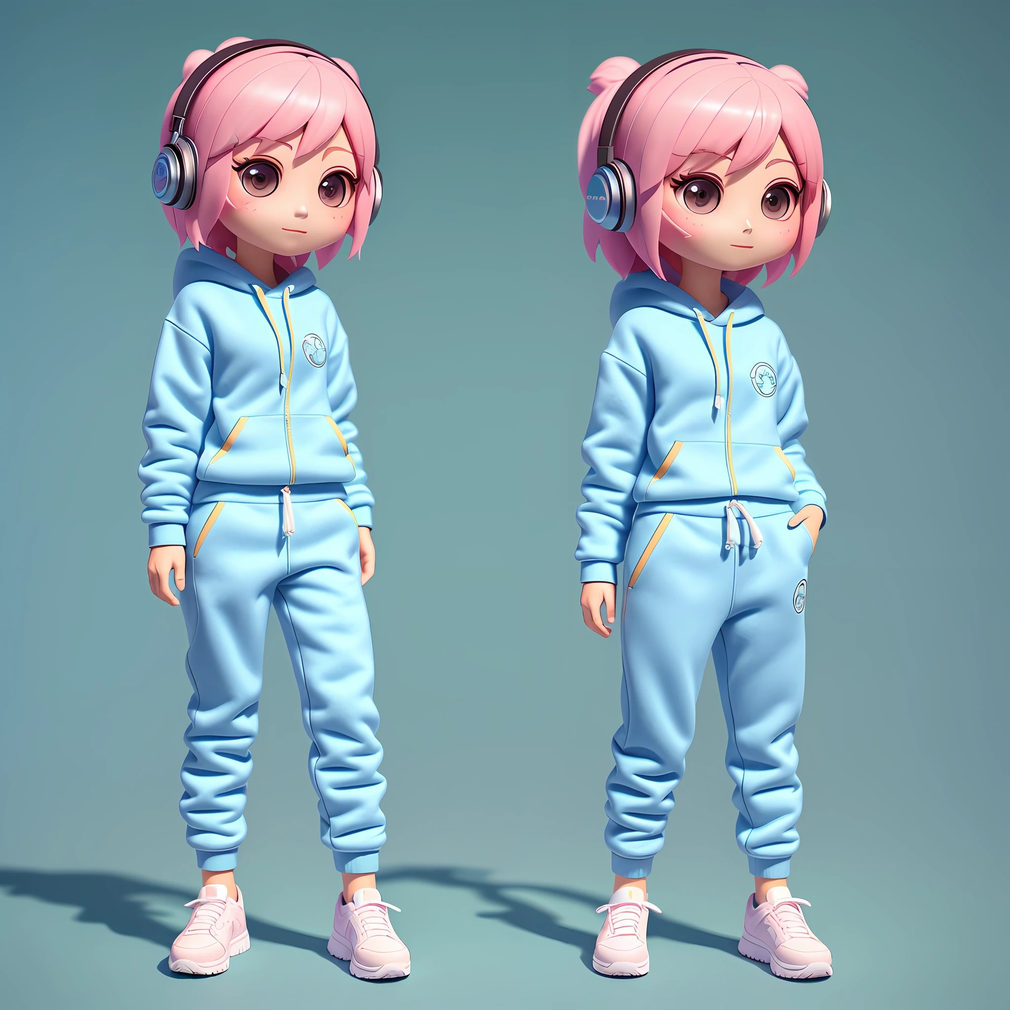 Blind box style girl character, Three views, long leges, Bright eyes, full body, tchibi,Exquisite features,Sports Hoodies, baggy pants, Earphone,Clean background, Natural lighting, 8K, Best quality, hyper - detail, 3D, C4D, blender, OC renderer, Ultra HD, The 3D Nude Girl rendering, Stand, Full frontal —AR 3:4 — Niji --auto