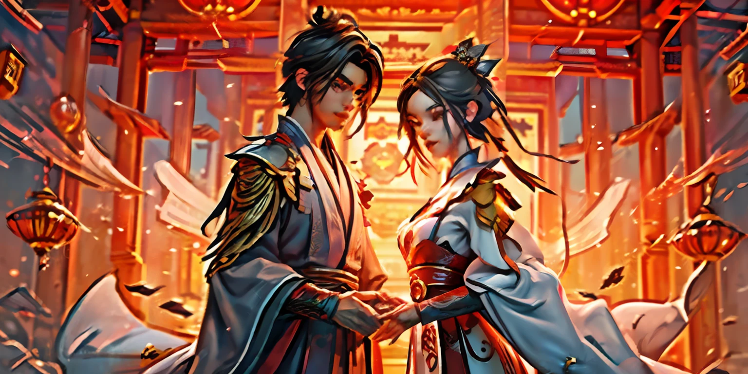 RAW photos,best qualtiy,A high resolution,a young man and a woman,Cartoony,eyes with brightness,adolable,Chinese 2D,Chinese wedding dress,Red clothes,Look at each other affectionately,Fine facial expressions,Lovingly,Beautiful and handsome,The eyes have God,largeeyes