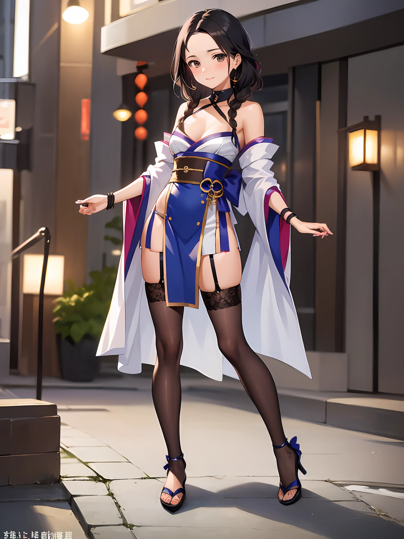 (​masterpiece:1.2),The best quality illustrations,high-detail,solo,Beautiful detailed girl,25yo,Japanese Women,(pulled back hair),braid,forehead,(sidelocks),(medium hair),Brown eyes,(very small breasts),skimpy,full body,white stocking,blushing,looking at the viewers