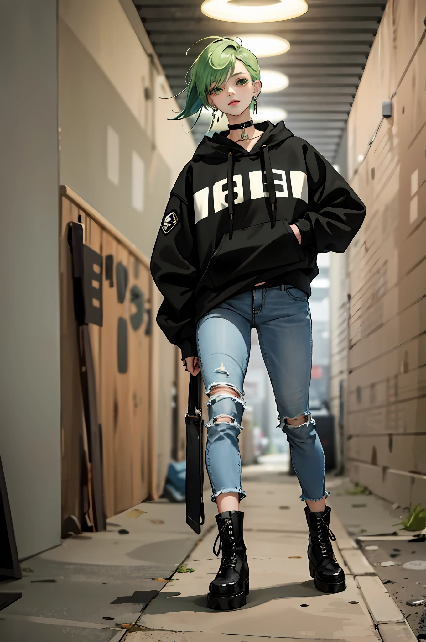 (masterpiece:1.2, best quality), (real picture, intricate details), solo, 1lady Hair: buzz cut, green hair colour, Clothing: oversized, distressed black hoodie with patches and pins, paired with black skinny jeans and combat boots, Accessories: silver hoop earrings and a black choker necklace, Hanging out in an underground music venue, full body