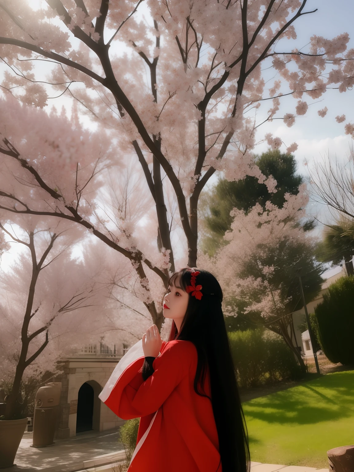 According to the image above,Let the girl wear red,best qualtiy,GameCG,tmasterpiece,best qualtiy,8K,detailed skin textures,Detailed cloth texture,beautifull detailed face,Complicated details,the ultra-detailed,Straight red hair,Remove passers-by in the background