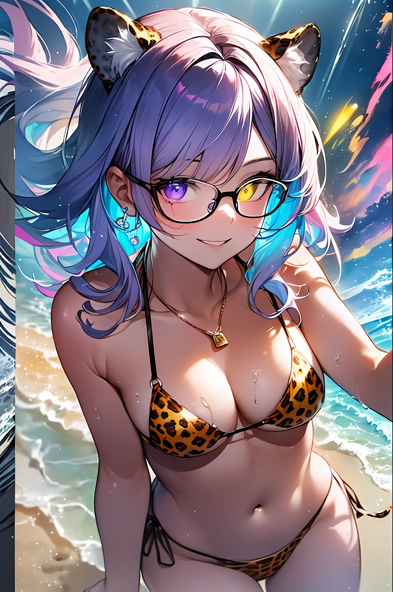 ((masutepiece, of the highest quality, Watercolor art (Pendants), offcial art, Beautiful and aesthetic: 1.2)), (Golden ratio: 1.2), (Full body: 1.2), (Super Detail: 1.3), (1 girl: 1.3), (Fractal Art: 1.3), Full body, (Glitter Pupil)), patterns, (Iridescent hair, Colorful hair, Half light blue and half pink hair: 1.2)), Colorful, (Glasses), Writing, ((Heterochromia、Purple right eye、Yellow left eye)), (Colorful: 1.5), ((Swimsuit)), sand beach, Sunny weather, (((Shy face)), ((Micro Bikini)), (Standing), (Hyper-detailing), ((delicate detail)), (intricate-detail), ((Cinematic Light, Highest quality backlight)), High contrast, ((The best lighting, Very delicate and beautiful)), (( Cinematic Light)), (ray-traced reflection, Glow), (((glowing aura)), ((Glowing hair)), ((Super Detail)), (8K)), ((a closeup)), ((Brown skin)), (Showering), ((Seductive smile)) ,((high angle full body shot)),((Leopard print bikini))、((Leopard ears))、Beach、Sea