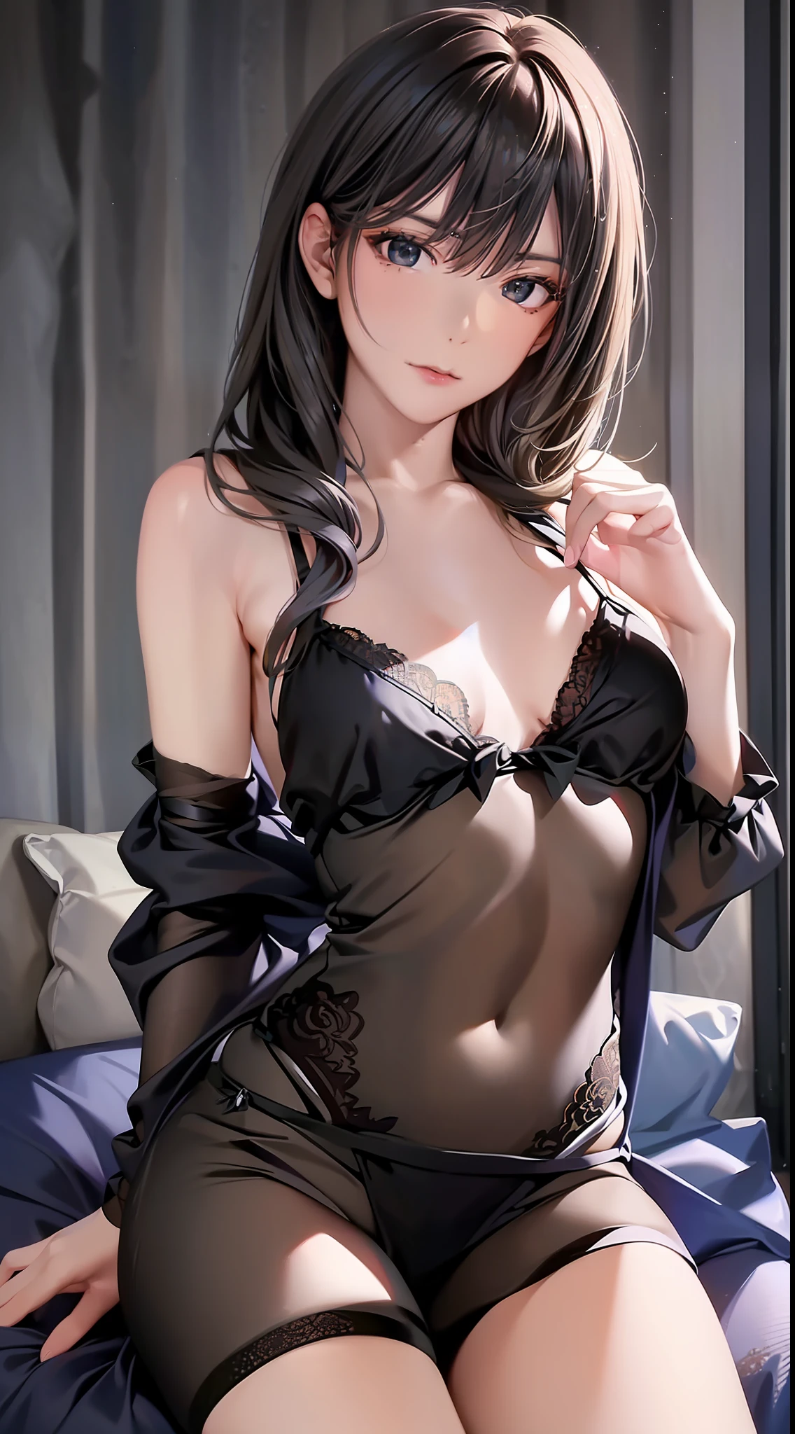 Best quality, masterpiece, ultra high res, (photorealistic:1.4), raw photo, 1girl, ((black lace nightgown)), ((small breast)), cold light