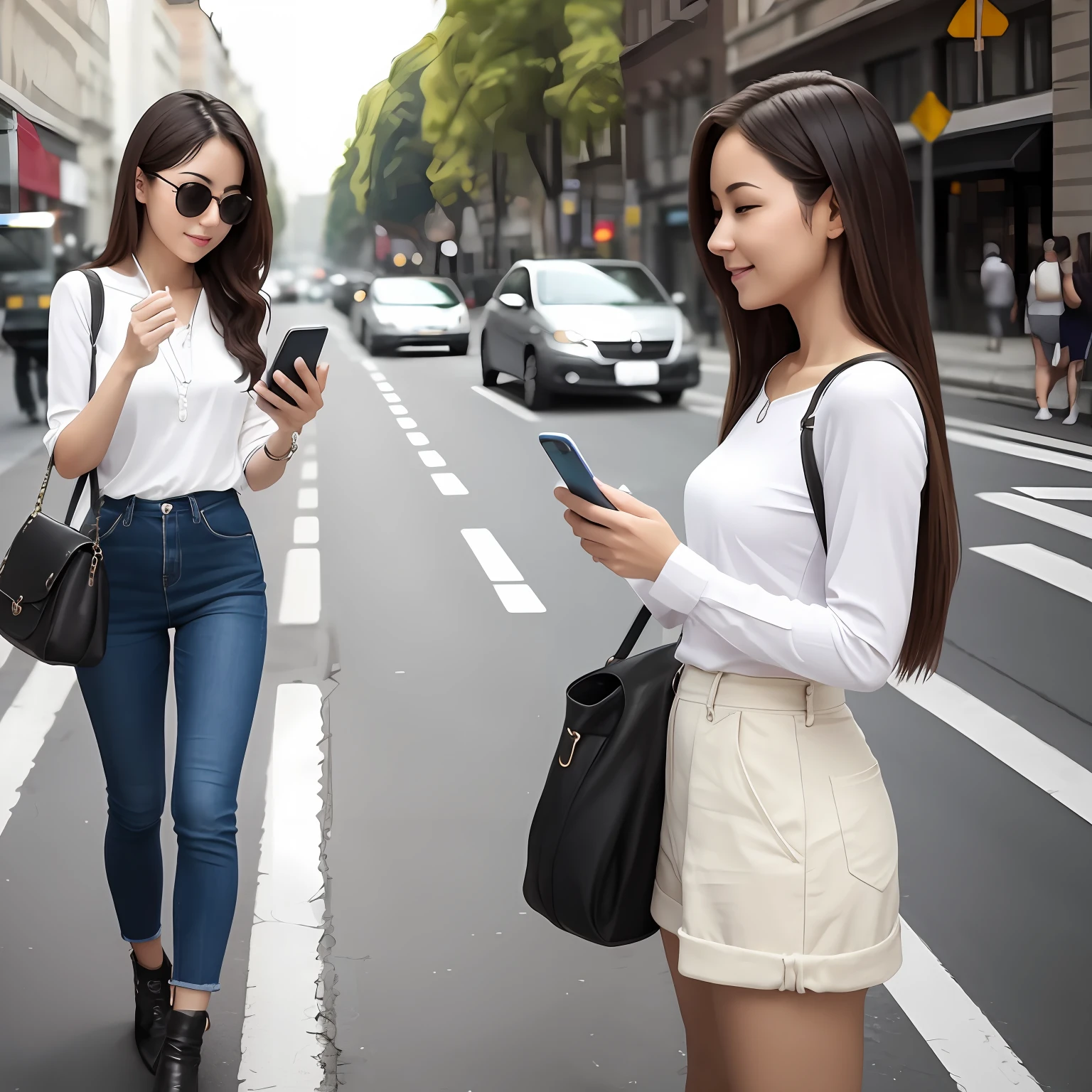 Beautiful woman, fiddling with cell phone in the middle of the street, short clothes --auto
