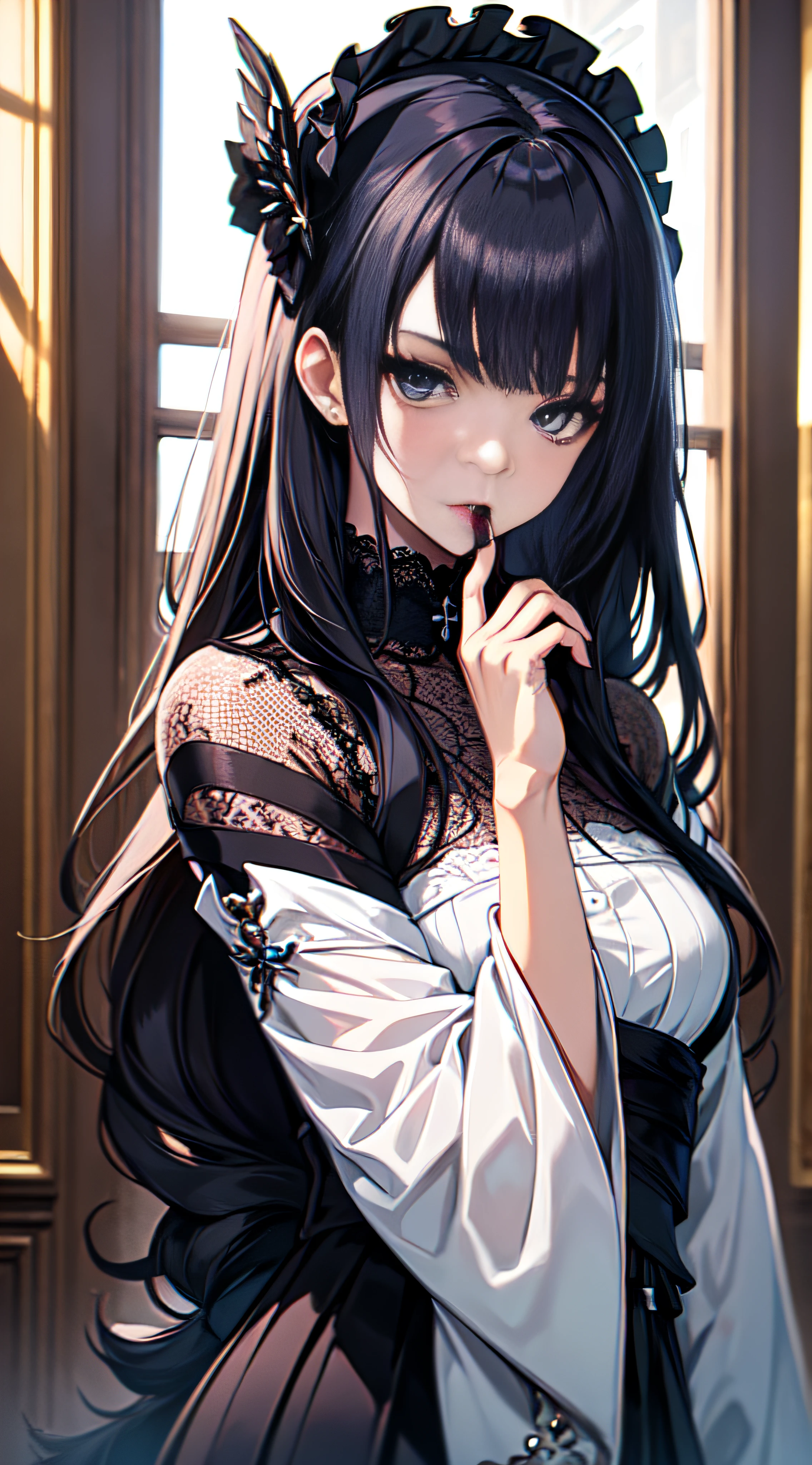 Focus on the person. We create and express the best shining composition of the person. ((Masterpiece)), (((highest quality)))), ((Ultra detail)), (Ultra realistic), (Very detailed CG illustration), (Very delicate and beautiful), Best masterpiece of beautiful girl, highest quality, realistic skin, realistic fabric, realist illustration focusing on girls with realistic textures, Japan people, realistic and ultra-detailed eyes focusing on the center front. This is the absolute rule, and the following sentence expresses the image quality. It is the greatest masterpiece in the history of the class of Inuitsuki Ichigo, in which the owner of the greatest painting talent in human history met an unparalleled beauty and risked his life to depict the most beautiful figure. Create stunning anime artwork that is currently trending on seaStation, showcasing exquisite beauty and captivating aesthetics. "What unfolds in front of me is a beautiful girl wearing Gothic Lolita fashion. Her presence is overwhelming, her vision surpasses that of her predecessor, and she is exquisitely frightened at the hands of a hyperrealist artist.

The characteristic figure of the beautiful is attracting more attention by Gothic Lolita fashion. Her black dress is designed with attention to detail and decorated with luxurious lace and ribbons. It is long enough to touch the floor and has fine rose embroidery on the hem.

On her chest, a pure white chiffon blouse is visible, and an elegant high-neck design emphasizes her delicacy. The sleeves of its blouse are proceeding to wrap around the arms, the edges of which are delicately finished with lace and ribbons.

On her head is a black lace bonnet, the edges of which are studded with fine pearls. The elegant decoration beautifully frames her expression.

In her hand she has a black parasol decorated with lace, the elegant design of which accentuates her femininity. and has been changed to a fantastic existence.

Her face is even more beautiful with a black lipstick and eyeliner that contrasts with her pure white skin. Her clear eyes attract the viewer with their brilliance, and their strength and delicacy are tentatively accessible.

This is the image of an unparalleled beautiful girl that we aimed for. His strong, glamorous yet delicate presence has a magical power that draws everyone in the viewer. The image of quality is reproduced, and her attractive part comes to the fore. This is the best masterpiece we have ever created, and its beauty and personality will forever be surpassed. The image should be hyper-realistic, highly detailed, and in high-resolution 16k. Use a Sony Alpha 1 Mirrorless Camera with a Sony FE 24-105mm f/4 G OSS lens. Set the ISO sensitivity to 32,000 and the shutter speed to 1/125 second. The image should be framed in such a way that the girl is in the center, with the vast starry sky above and the rolling hills of "Princess Mononoke" in the background. --ar 16:9 --v 5.1 --style raw --q 2 --s 750
