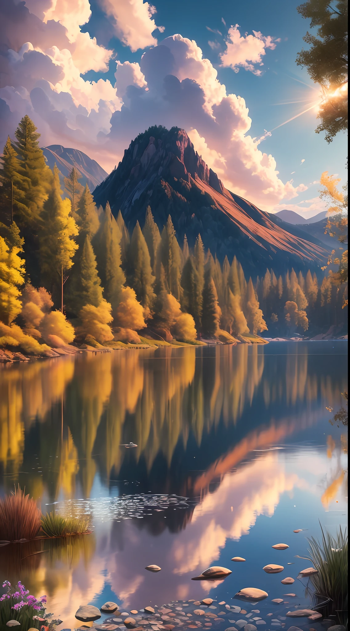 Best quality,Masterpiece,ultra-detailed high res,(Photorealistic:1.4),RAW photo,,illustration,1 girl, Serene expression, mesmerizing eyes, straight long hair, floating dress, poised posture, Porcelain skin, Subtle blush, crystal pendant BREAK, prime time, (rim lit):1.2, Warm tones, Sun flare, Soft shadows, Vibrant colors, painterly effect, dreamy atmosphere scenic lake, Distant mountains, willowy, Calm water, Reflection, Sunlit clouds, tranquil ambiance, Idyllic sunsets, Ultra detailed, offcial art, Unity 8k wallpaper,
