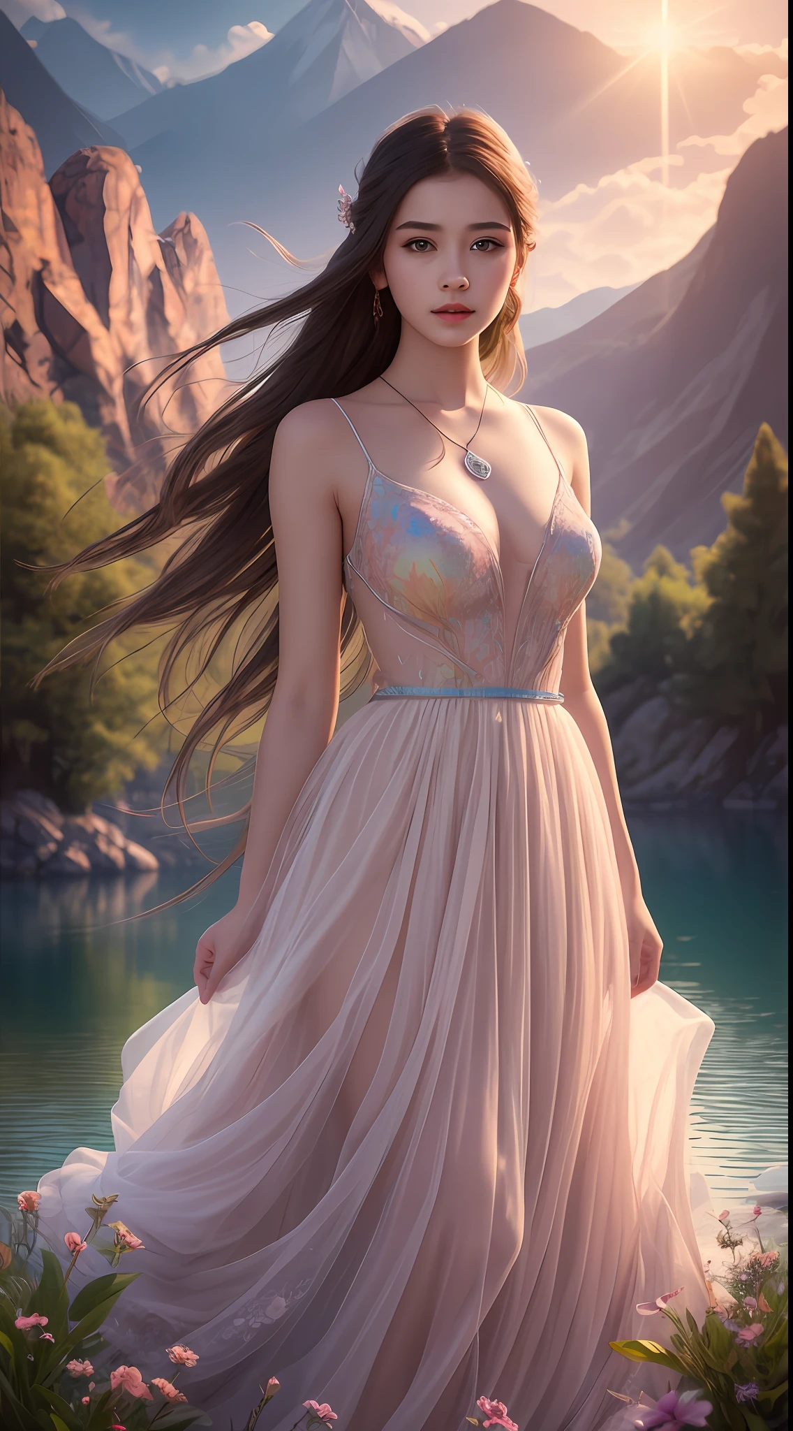 Best quality,Masterpiece,ultra-detailed high res,(Photorealistic:1.4),RAW photo,,illustration,1 girl, Serene expression, mesmerizing eyes, straight long hair, floating dress, poised posture, Porcelain skin, Subtle blush, crystal pendant BREAK, prime time, (rim lit):1.2, Warm tones, Sun flare, Soft shadows, Vibrant colors, painterly effect, dreamy atmosphere scenic lake, Distant mountains, willowy, Calm water, Reflection, Sunlit clouds, tranquil ambiance, Idyllic sunsets, Ultra detailed, offcial art, Unity 8k wallpaper,