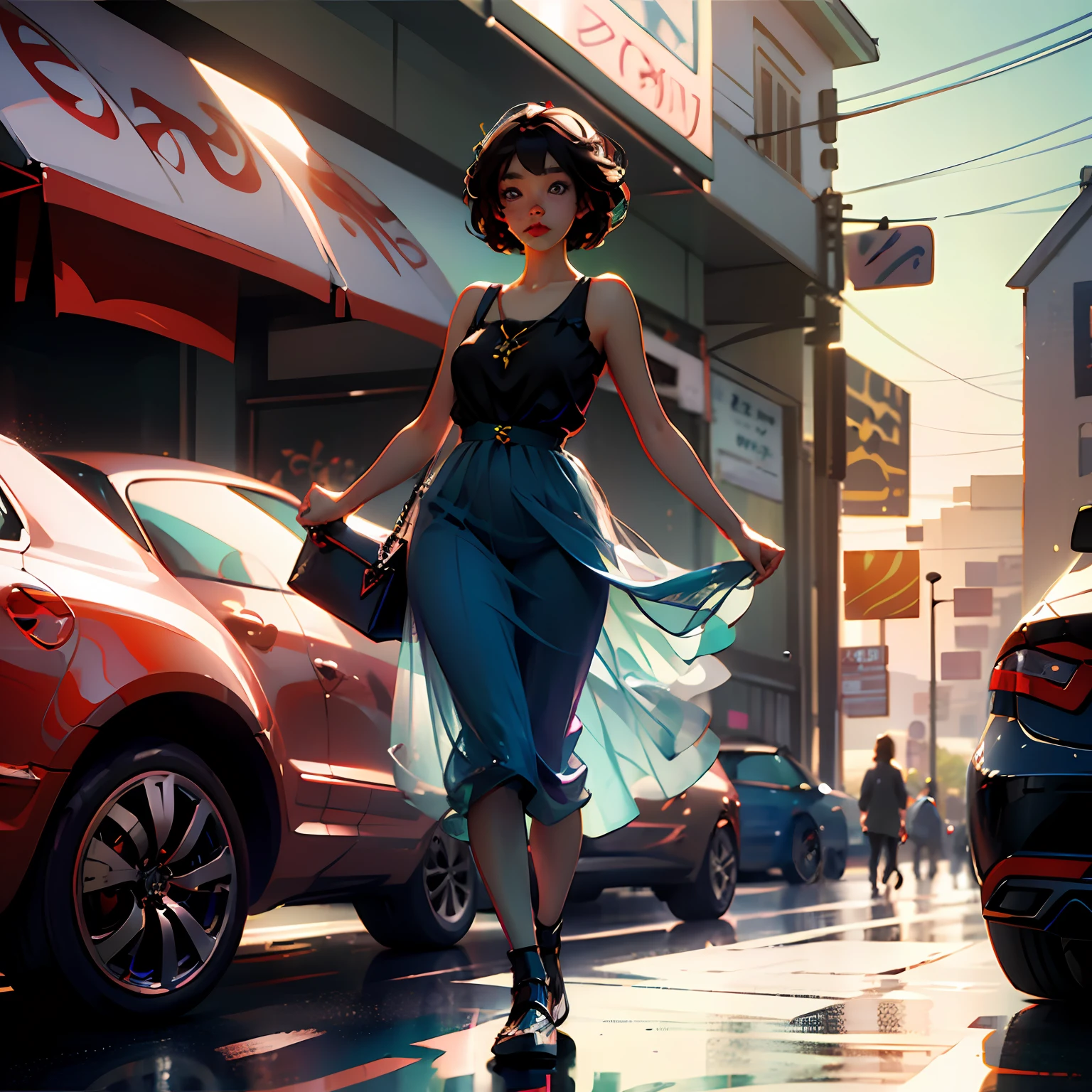A woman stood in the street,Wallet in hand, Anime girl in real life, with short hair, Realistic anime 3 D style, Beautiful Asian girl, hyper realistic anime, attractive anime girls, Photorealistic anime, she is wearing a black tank top, Realistic anime, Anime style. 8K, Realistic young anime girl, Wearing a Lolita dress --auto