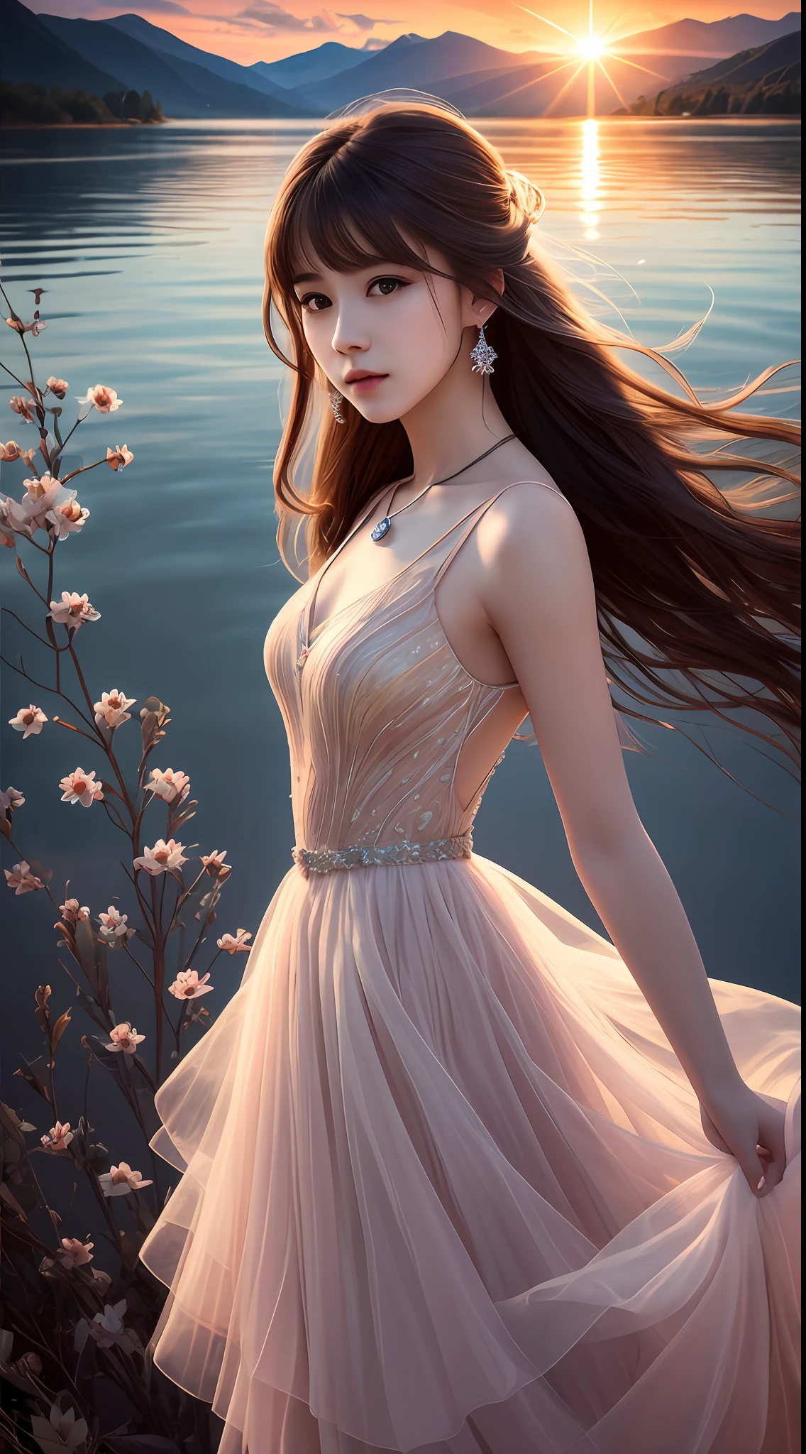 Best quality,Masterpiece,ultra-detailed high res,(Photorealistic:1.4),RAW photo,,illustration,1 girl, Serene expression, mesmerizing eyes, straight long hair, floating dress, poised posture, Porcelain skin, Subtle blush, crystal pendant BREAK, prime time, (rim lit):1.2, Warm tones, Sun flare, Soft shadows, Vibrant colors, painterly effect, dreamy atmosphere scenic lake, Distant mountains, willowy, Calm water, Reflection, Sunlit clouds, tranquil ambiance, Idyllic sunsets, Ultra detailed, offcial art, Unity 8k wallpaper,