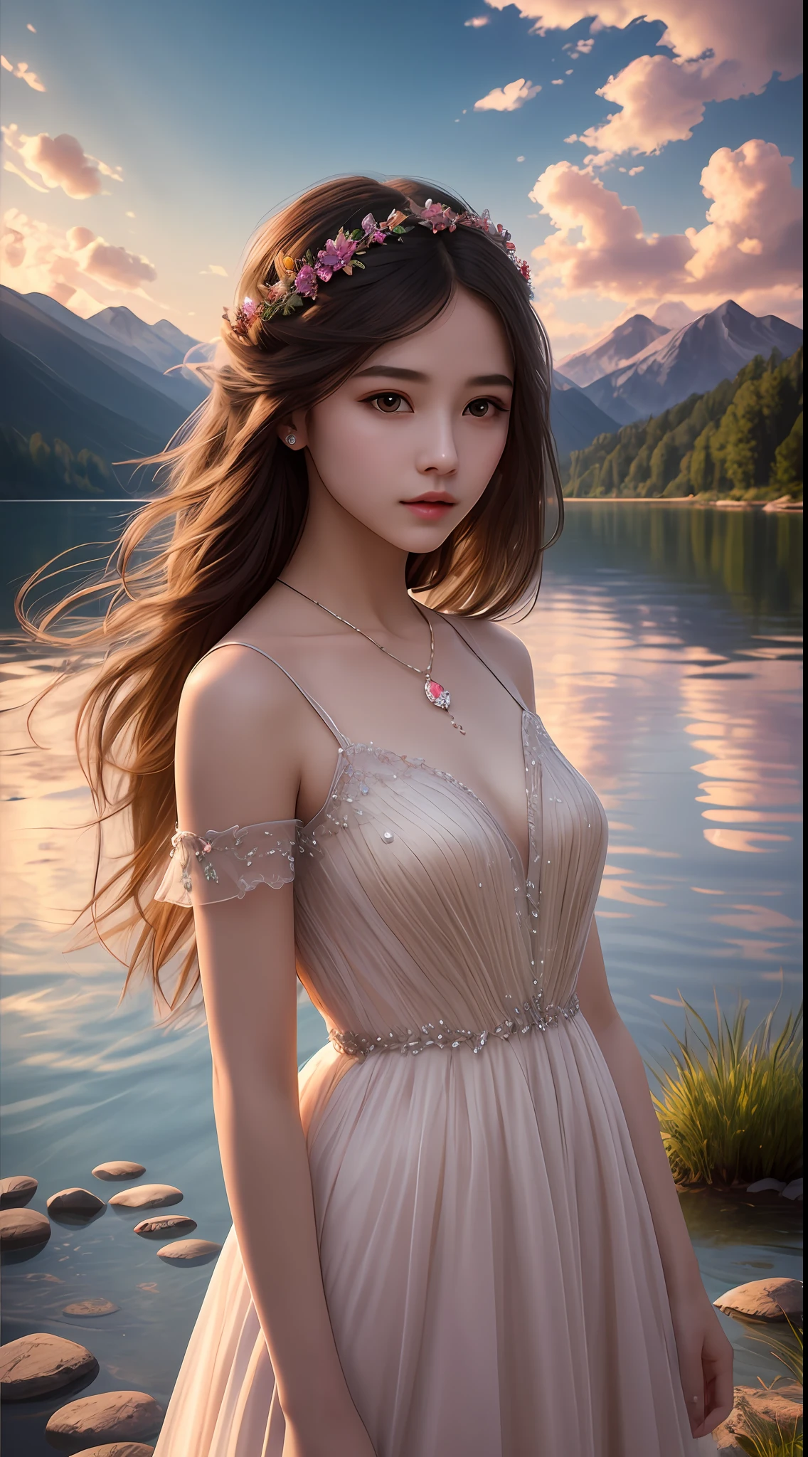Best quality,Masterpiece,ultra-detailed high res,(Photorealistic:1.4),RAW photo,,illustration,1 girl, Serene expression, mesmerizing eyes, straight long hair, floating dress, poised posture, Porcelain skin, Subtle blush, crystal pendant BREAK, prime time, (rim lit):1.2, Warm tones, Sun flare, Soft shadows, Vibrant colors, painterly effect, dreamy atmosphere scenic lake, Distant mountains, willowy, Calm water, Reflection, Sunlit clouds, tranquil ambiance, Idyllic sunsets, Ultra detailed, offcial art, Unity 8k wallpaper,