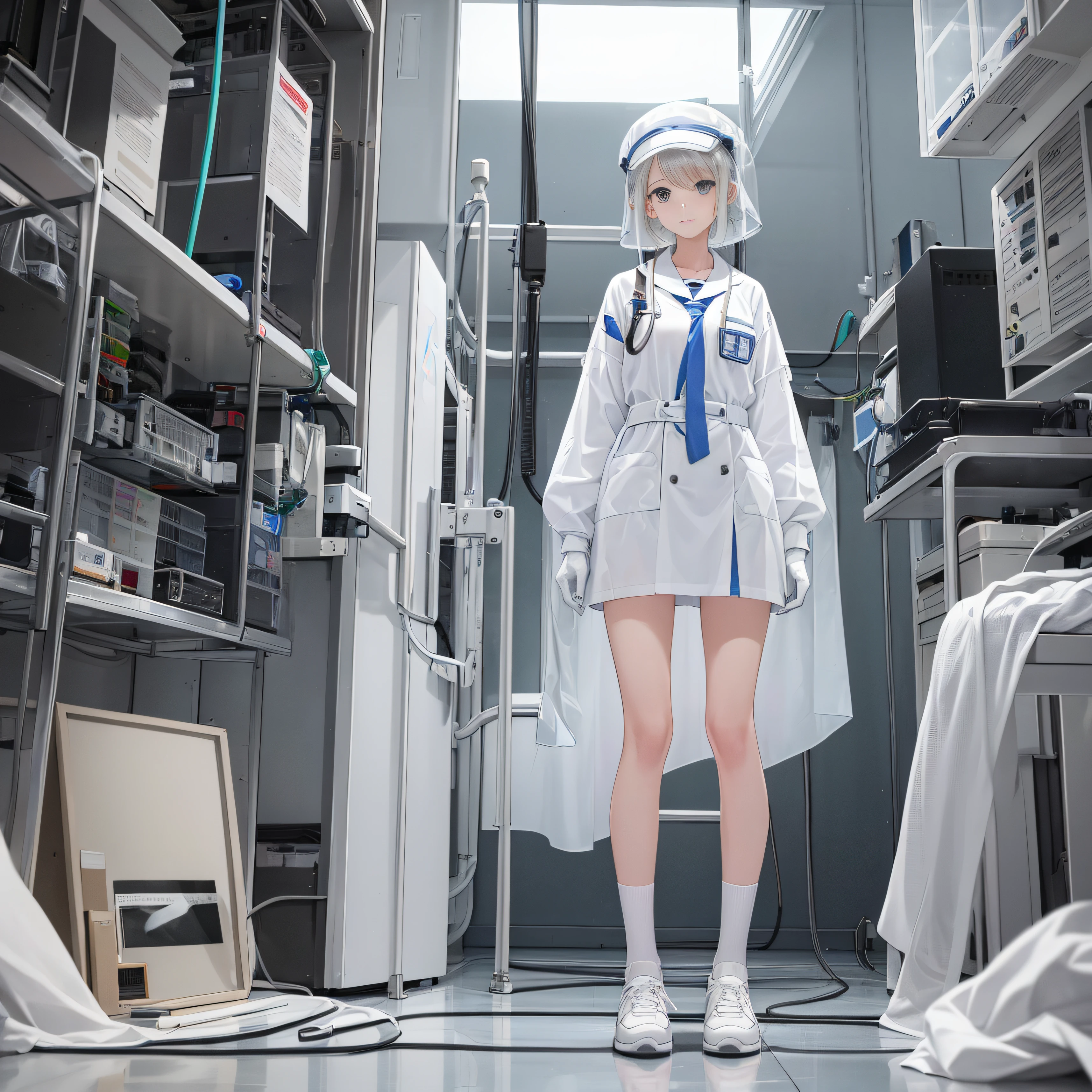 Female junior high school student White medical gloves Shorts Bare legs White socks White sneakers Transparent protective clothing Transparent hat Human experiments in the laboratory In the laboratory --auto