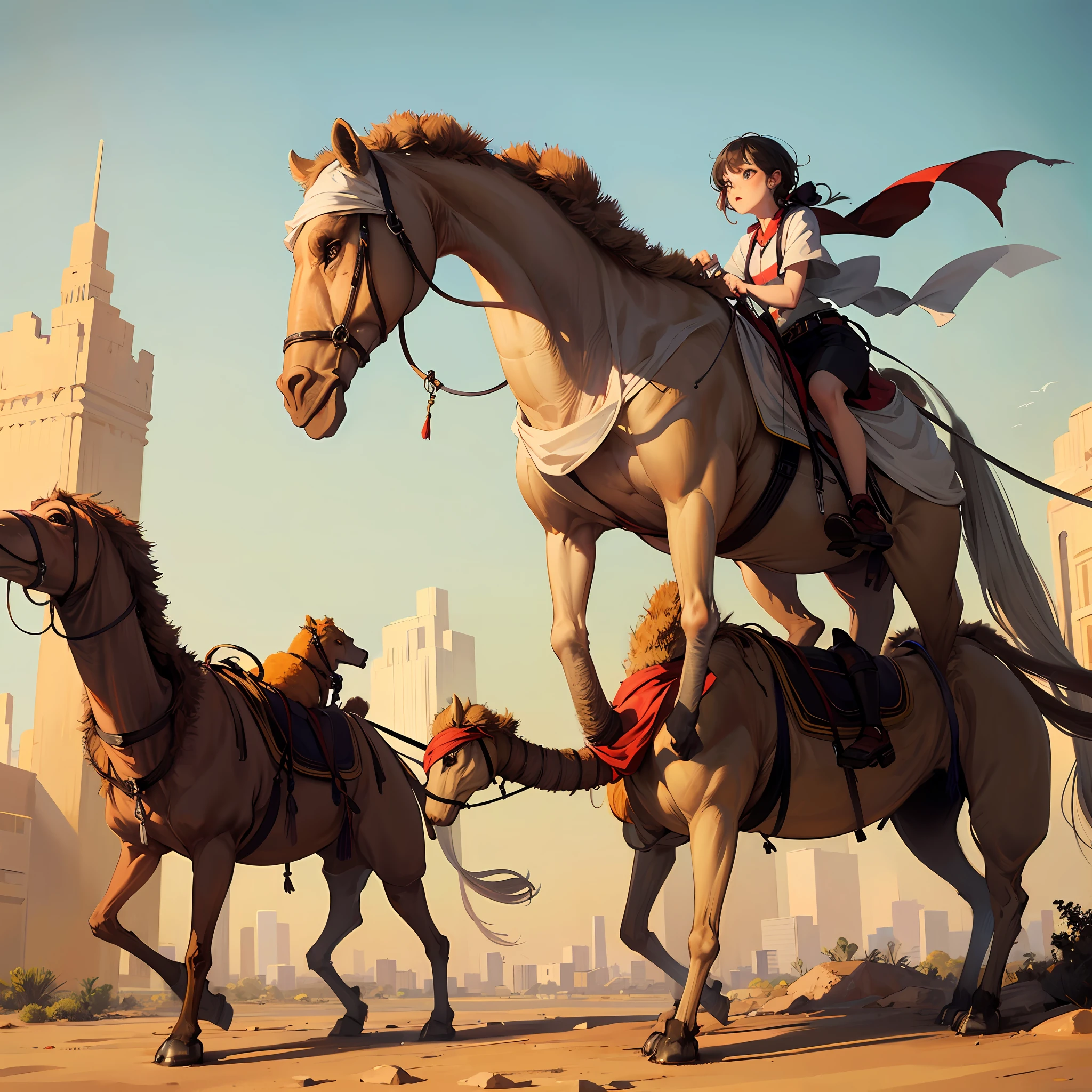 in a desert,There is a puppy riding on the back of a camel --auto