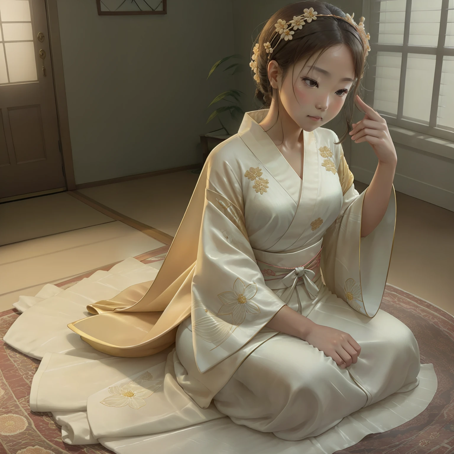 A captivating image capturing the elegant yet contemplative kimono worn by the character's beautiful woman, who will become her mother-in-law. The kimono's flowing designs are embellished with delicate details, such as intricate embroidery, and a matching set of shoes. The warm, golden light from a wide aperture highlights the soft, natural light filtering through the kimono, emphasizing the soft, luminous tones of the scene. shallow depth of field, natural light, studio ghibli style