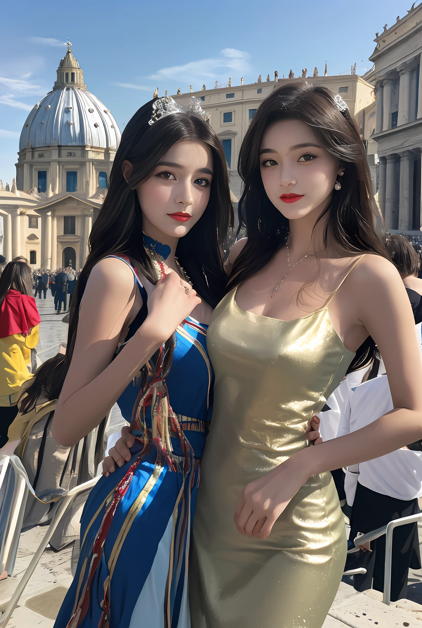 (巨作, Best quality, Realistic),
2girls,duo,(on the St. Peter's Square of Vatican,crowd), sankta. Peter's Square of Vatican background,gypsy dress,(Princess Eyes,shiny pupils),Dancing,banquet, crowd, picking up skirt,
[Slight smile],