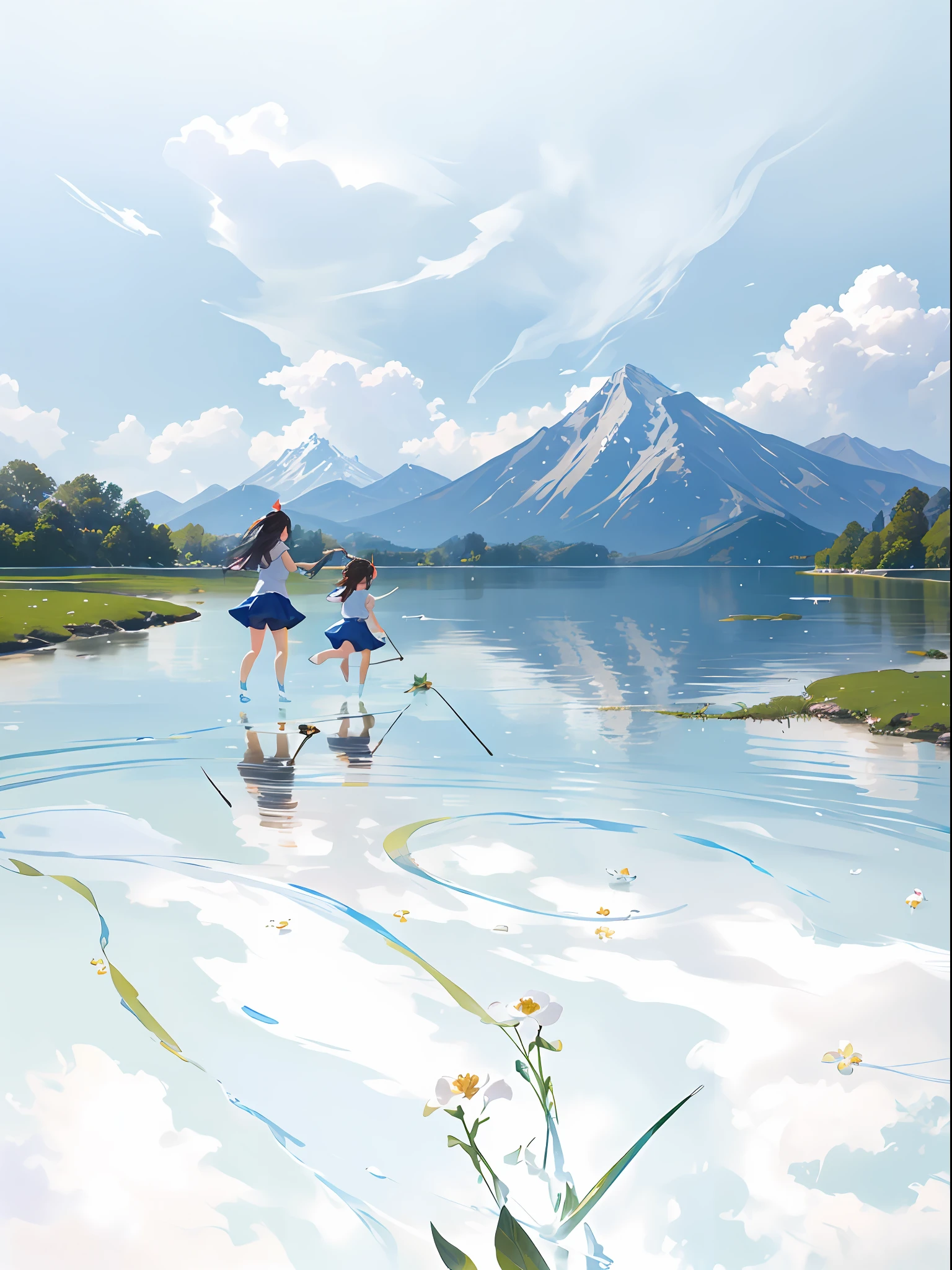 Two little girls running on the grass,Play in the sun,Surrounded by a clear lake and a few small flowers,Snow-capped mountains in the distance。The whole scene is full of heavenly feeling,The sky is clear blue,Clouds flutter。The strong sunlight makes the atmosphere even more intense,Sheep graze leisurely,The fragrance of watermelon fills the air。The image has high-definition details and a surreal cinematic texture,Soft light and deep field focus bokeh add mystery and layering。With the support of Stable Diffusion,Ray tracing and surrealist special effects make this picture even more gorgeous。