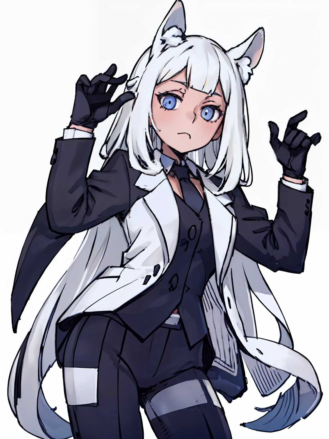 A girl frontal,((double tails),(A half body),(White color hair)),In black suit,Blue lining,Young, White background