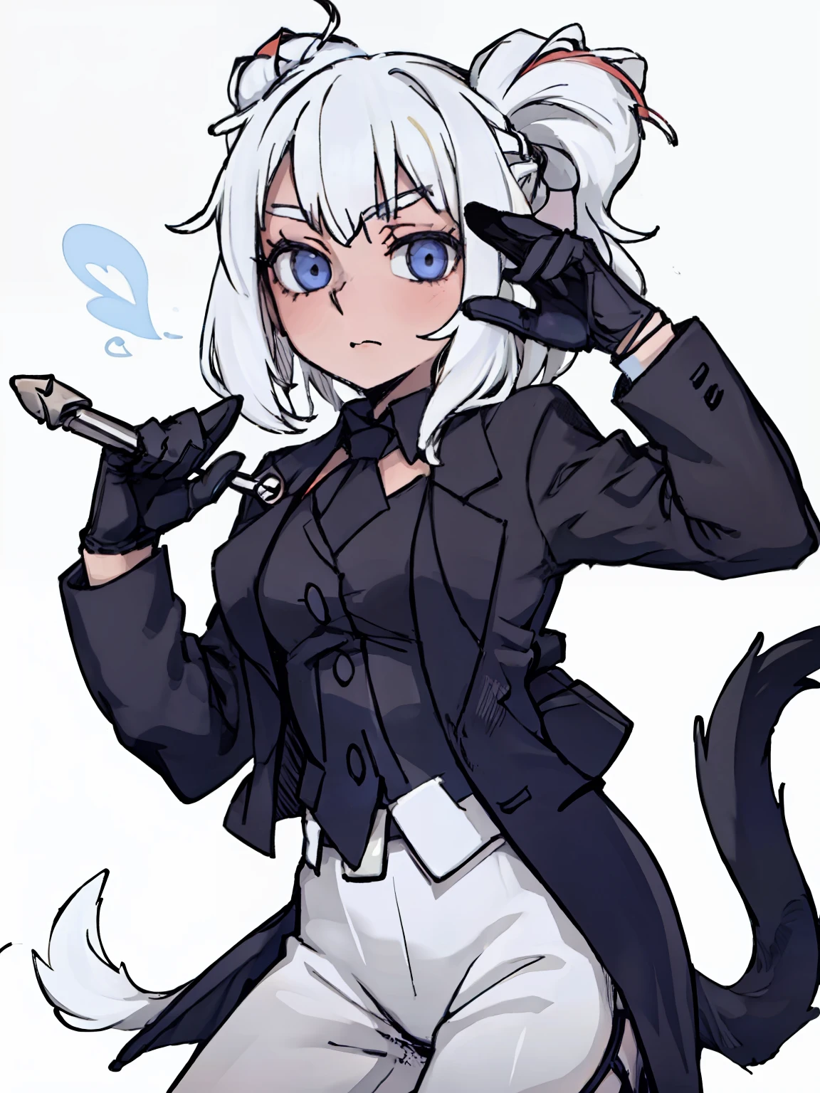 A girl frontal,((double tails),(A half body),(White color hair)),In black suit,Blue lining,Young, White background