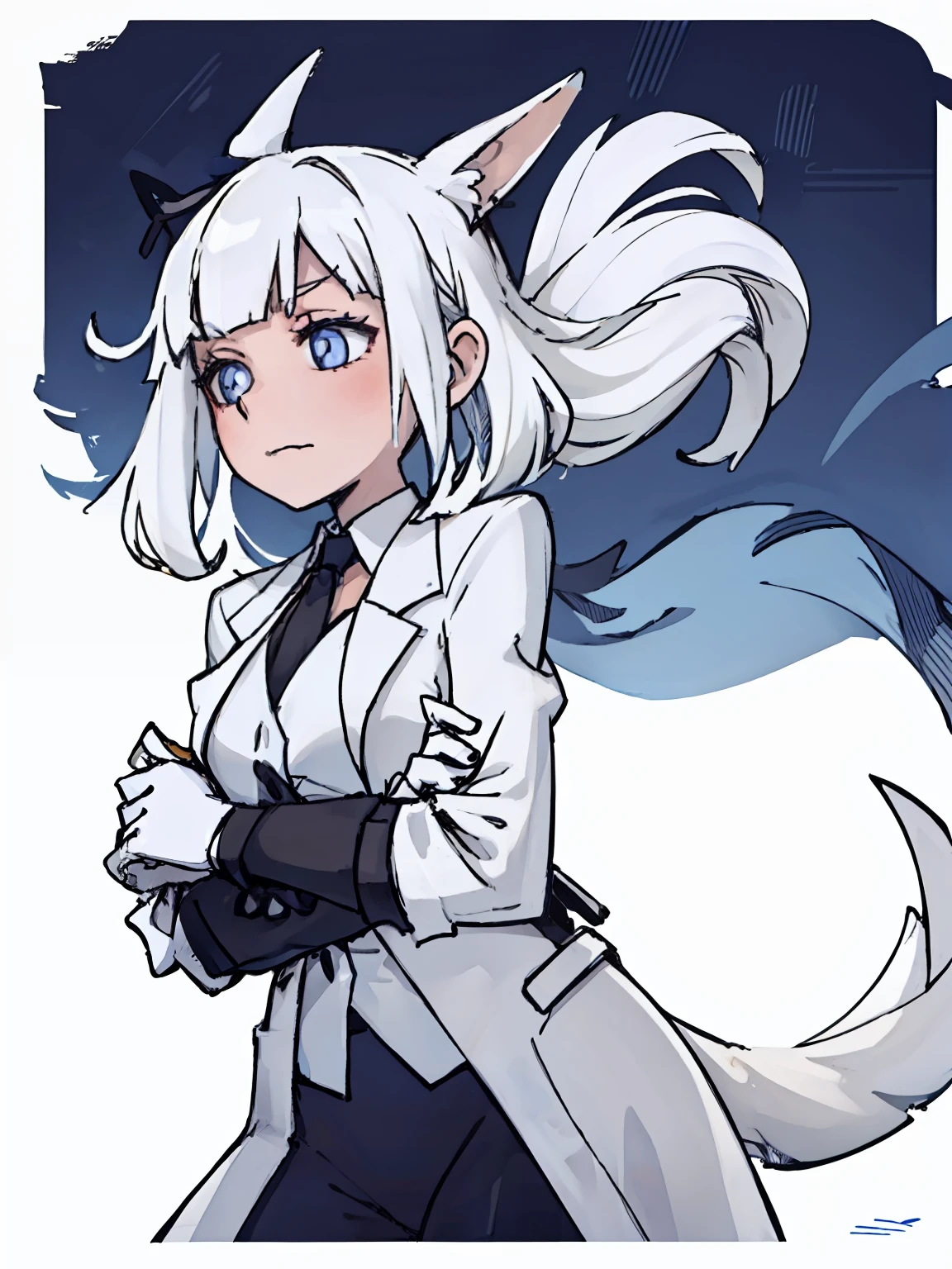 A girl frontal,((double tails),(A half body),(White color hair)),In black suit,Blue lining,Young, White background