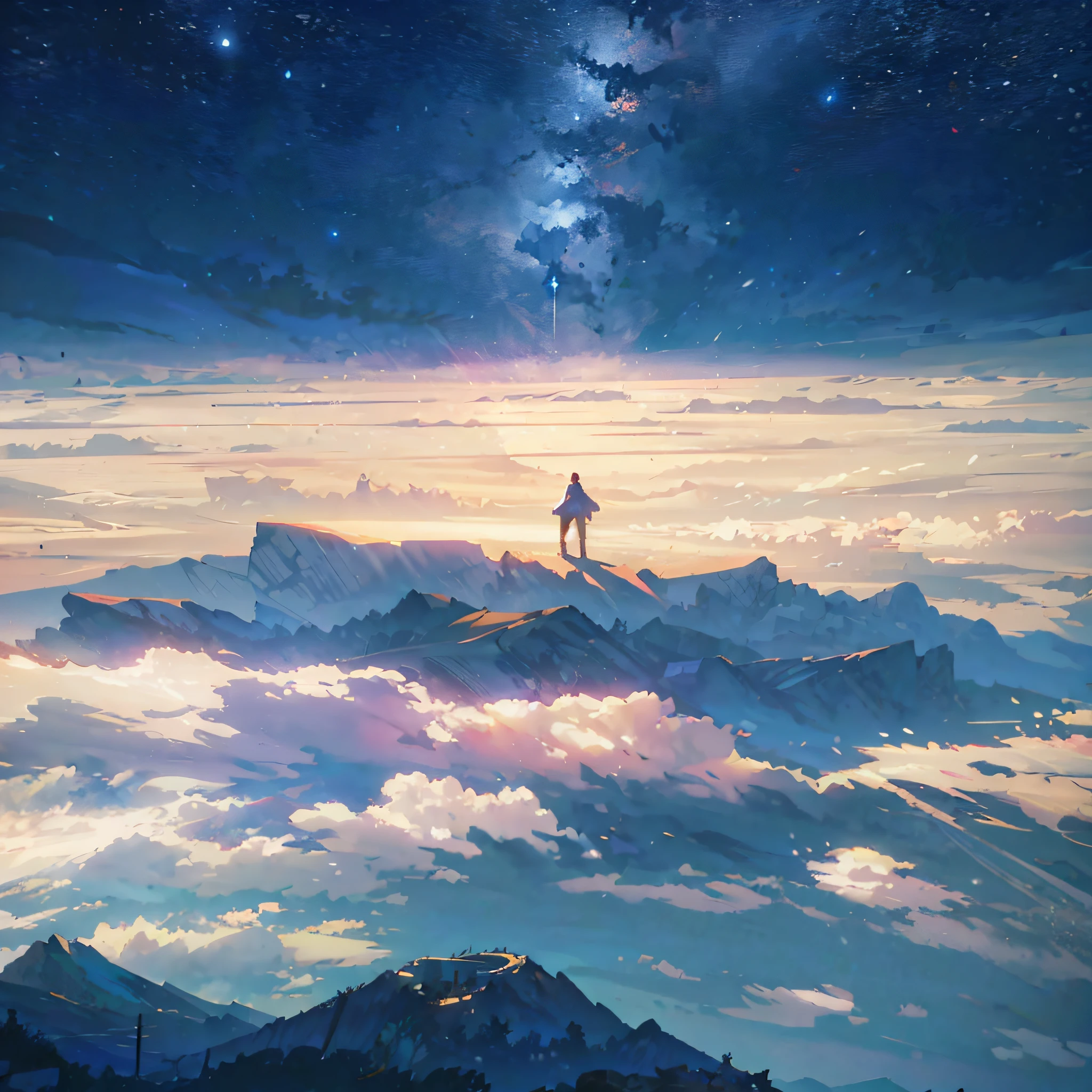 Anime, A man stands by a tree looking at the stars, Makoto Shinkai Cyril Rolando, Cosmos Sky. By Makoto Shinkai, Makoto Shinkai. —h 2160, greg rutkowski makoto shinkai, ( ( Makoto Shinkai ) ), inspired by jessica rossier, By Makoto Shinkai, By Makoto Shinkai