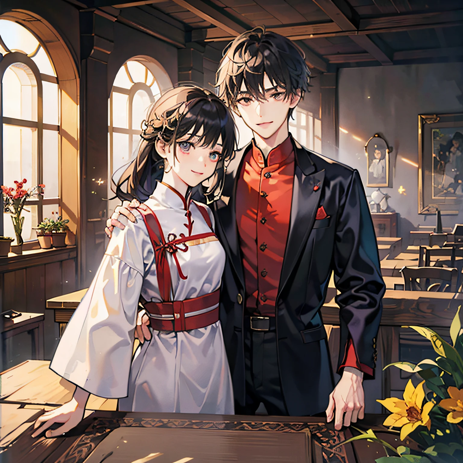 Highest image quality、Masterpiece level、ultra-detailliert:1.3、The dark-haired youth smiled in front of the antique building,Dressed in traditional artisan clothing