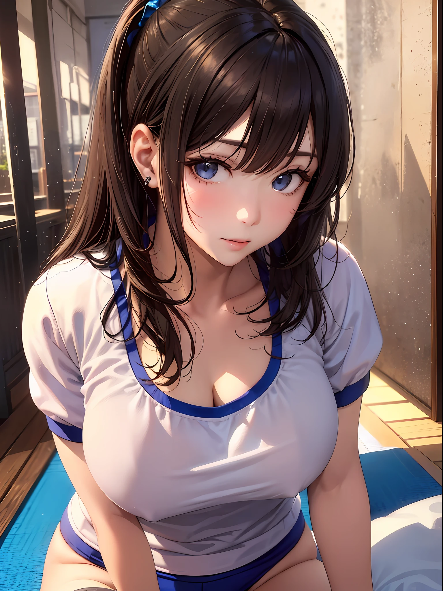 (top-quality: 1.3)、(​masterpiece: 1.3)、(The ultra-detailliert: 1.3)、(wall-paper, one girls)、([Diamonds: 1.3|The eye]:1.2)、(Perfect white gym clothes and dark blue bloomers:1.3)、(Brown hair:1.3)、Longhaire、poneyTail、(Beautiful Large Breasts:1.3)、playground、School、ssmile、sexypose、Don't get hungry、all-fours