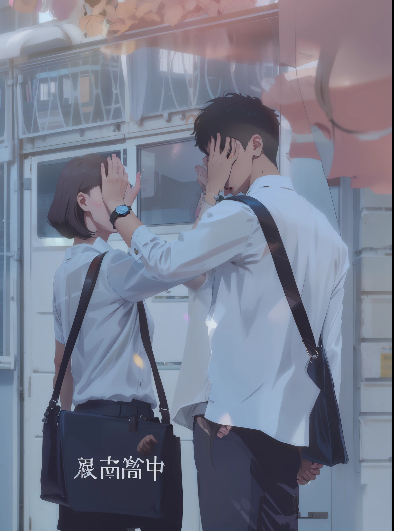 The youth campus wears white shirts,Black pantsuit,The boy carrying a black bag on one shoulder looked at a short black head、In a white blouse shirt、a black skirt,A girl who praises a treasure on one shoulder。