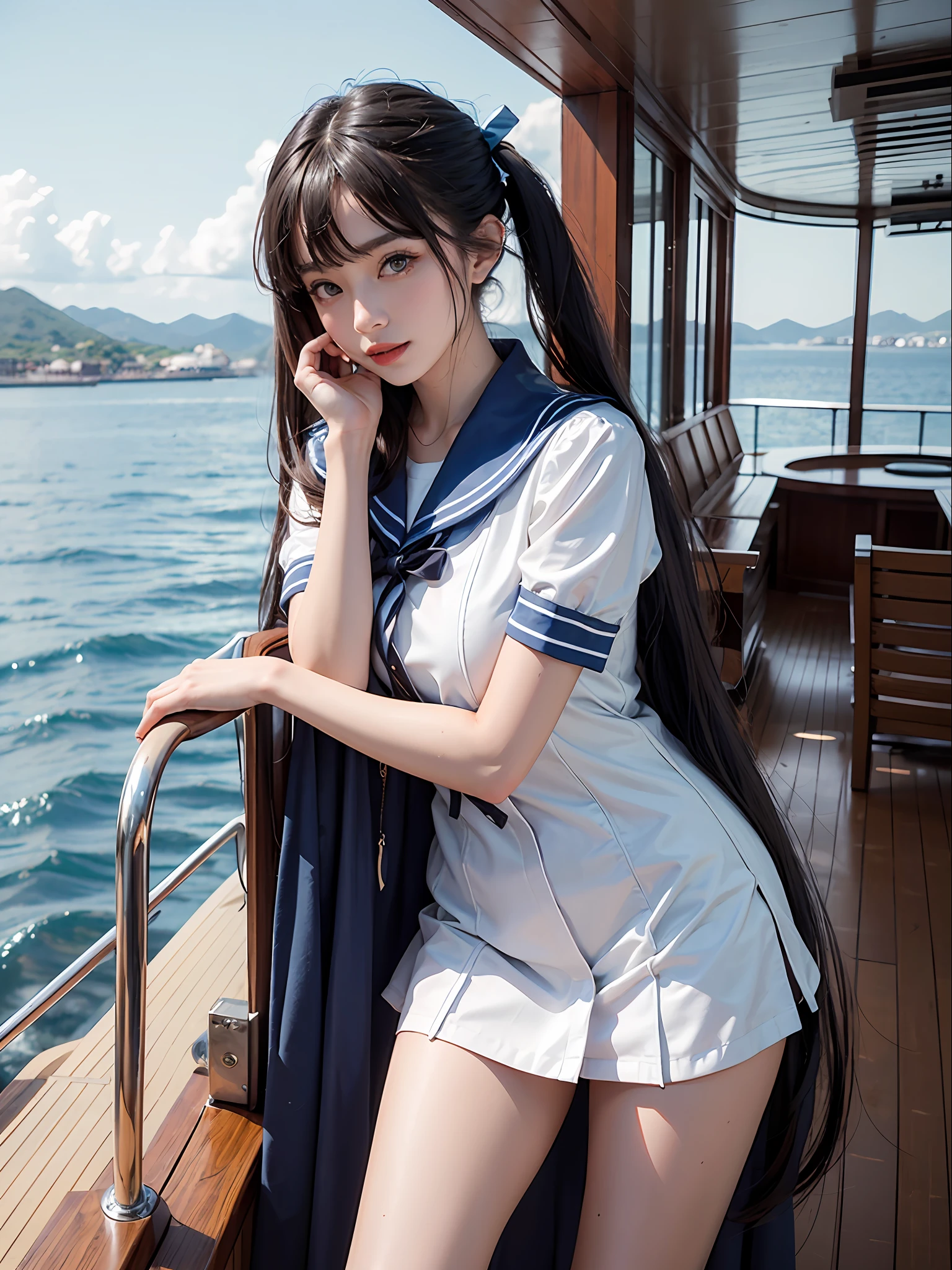 On the deck of a luxury cruise ship，mast，buoy，Pose for photos in loose blue and white sailor suits and short skirts，Slim girl model，24 years old female model，(（double tails）)，Unilateral bangs，