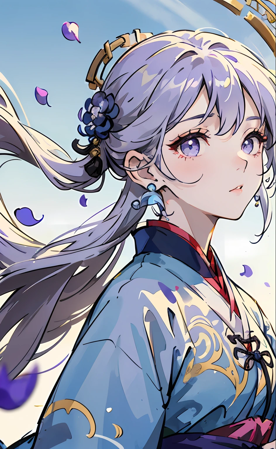 Mature girl, purple eyes, blue-white hair color, floating hair, delicate and flexible eyes, intricate damask hanfu, gorgeous accessories, wearing pearl earrings, fov, f/1.8, masterpiece, ancient Chinese architecture, blue sky, flower petals flying, front portrait shot, Chang'e, side lighting, sunlight on people, 8K