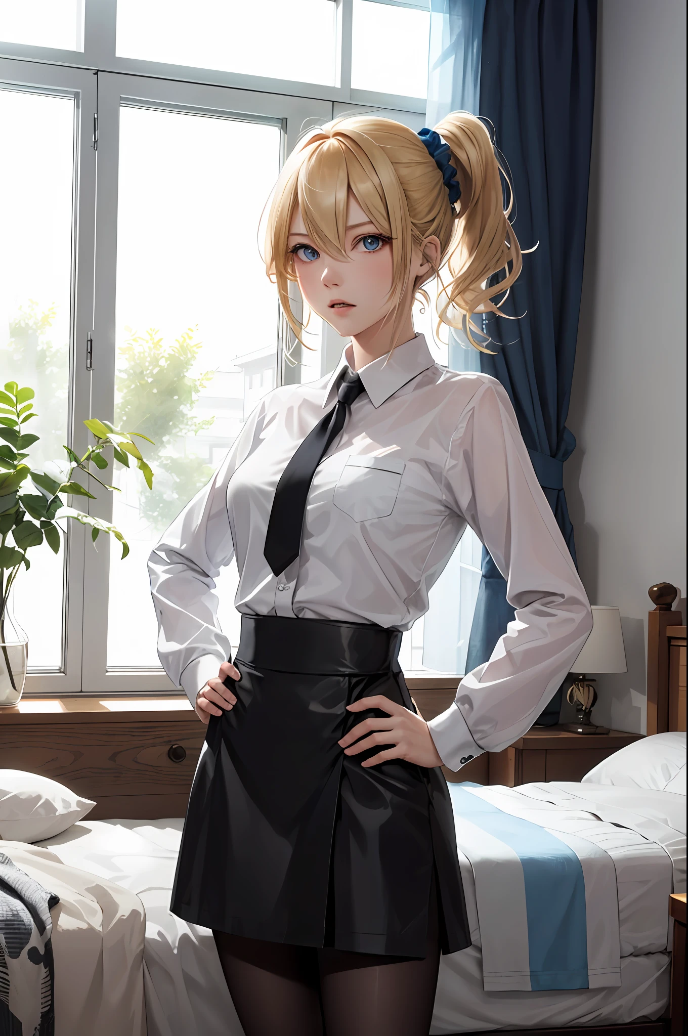 masuter piece, top-quality, Hi-Res, 1girl in, Ai Hayasaka, 独奏, blonde hair, blue eyess, side poneyTail, hair scrunchie, hair adornments, Blue scrunchie,, hair between eye, breastsout, long-sleeve, bangss, white shirt, side locks, student clothes , Black pantyhose, cowboy shot, put hands on the hip, angry, a room, a bed, is standing, up,