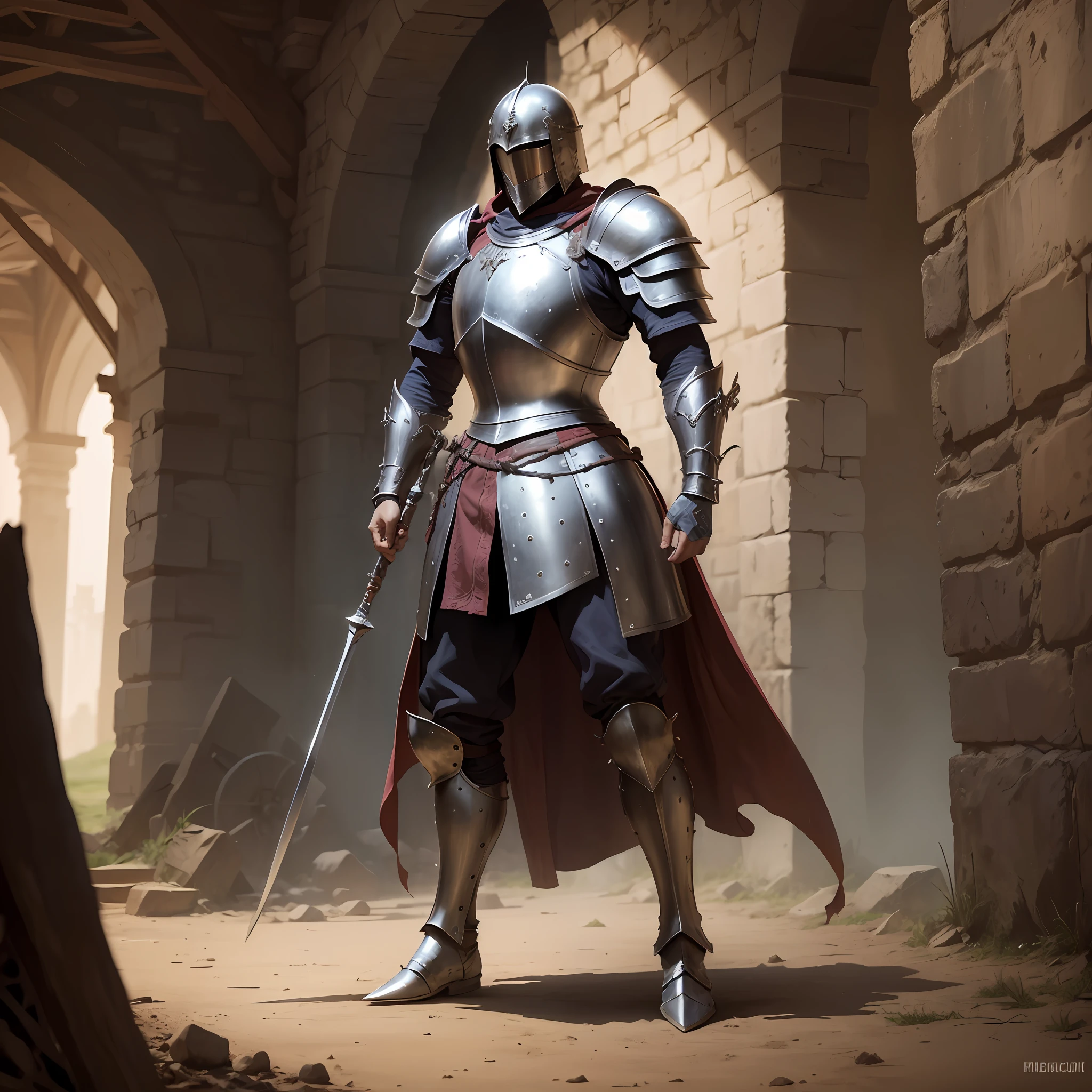Warriors in medieval armor,Shabby armor,standing on your feet, concept-art,character design,Three View。