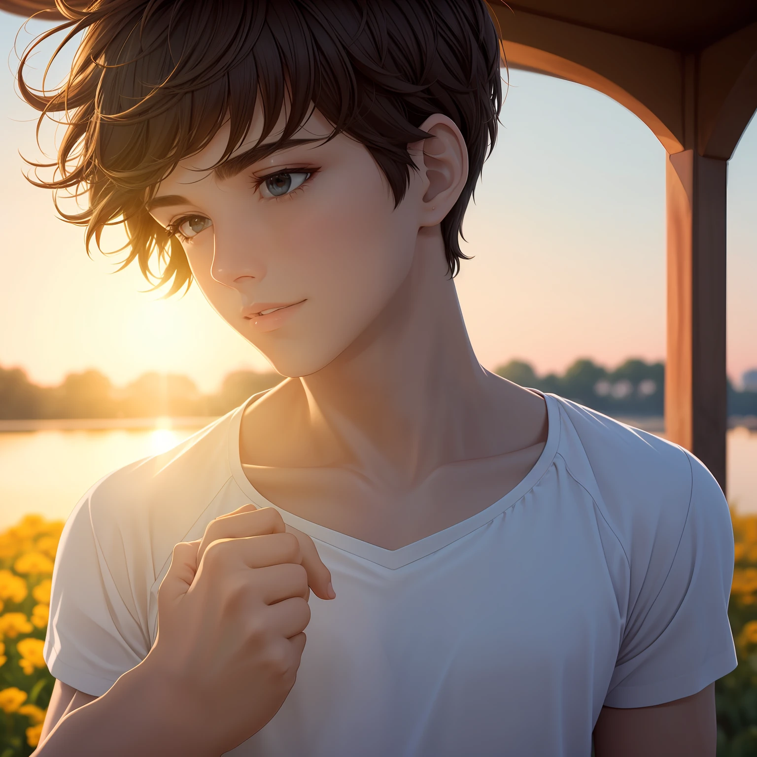 best qualtiy,Realistic1.3,boy,short detailed hair,The upper part of the body,Boyfriend style,The most beautiful cinematography,rays of sunshine,Light,Delicate skin,pretty hand,dynamic viewing angle --auto