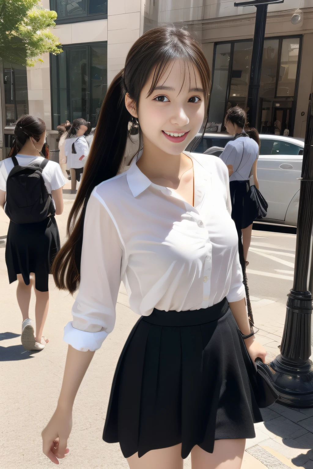 ((top-quality))、(((Photorealsitic)))、finely detail、1人、(Beautiful fair-skinned girl)、High school students、In the street、shopping、poneyTail、校服、(White blouses)、Check skirt、Frolic