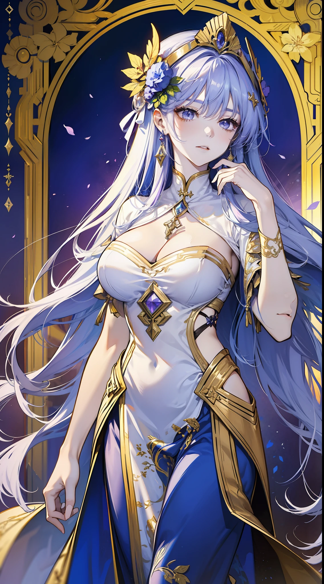 (absurderes,A high resolution),(full bodyesbian),A woman who is,Middle aged,big breasts beautiful,Tall,Gold and silver decoration,Delicate long dress,The queen dresses,Lilac intricate dress,Exquisite,closing her eyes,lilac purple hair,Delicate wand,borgar,a queen,Anime girl with long white hair and white dress with sword,Kushatt Krenz Key Art Women, Anime goddess, Portrait Chevaliers du Zodiaque Fille, ((a beautiful fantasy empress)), Detailed key anime art, beautiful and seductive anime woman, trending on artstation pixiv, royal elegant pose, Best anime 4k konachan wallpaper