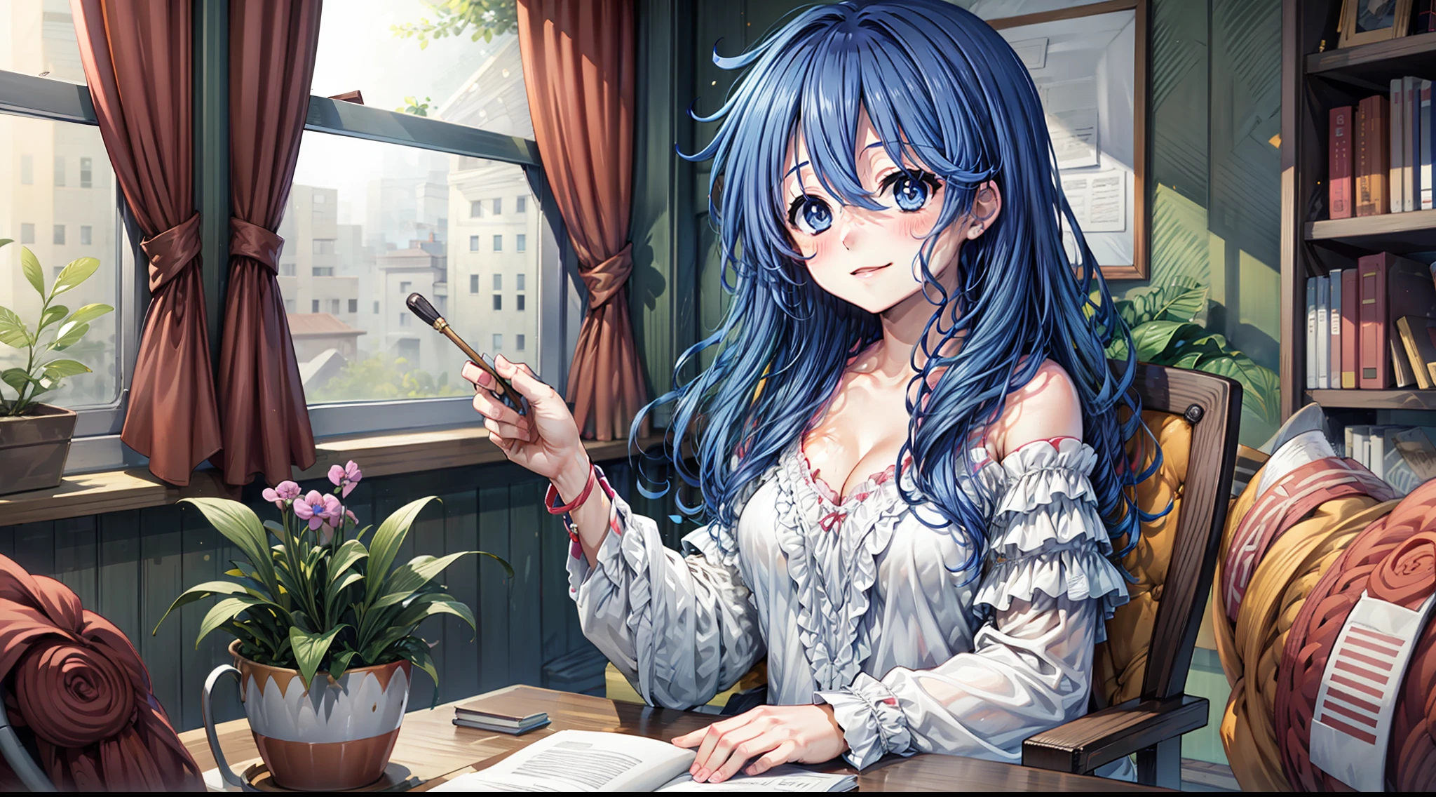 1girl, bangs, bare_shoulders, blue_eyes, blue_hair, blush, bookshelf, breasts, chair, cleavage, closed_mouth, desk, dress, eyebrows_visible_through_hair, hair_between_eyes, hand_up, holding, indoors, long_hair, looking_at_viewer, medium_breasts, on_chair, sitting, smile, solo, table, upper_body, window