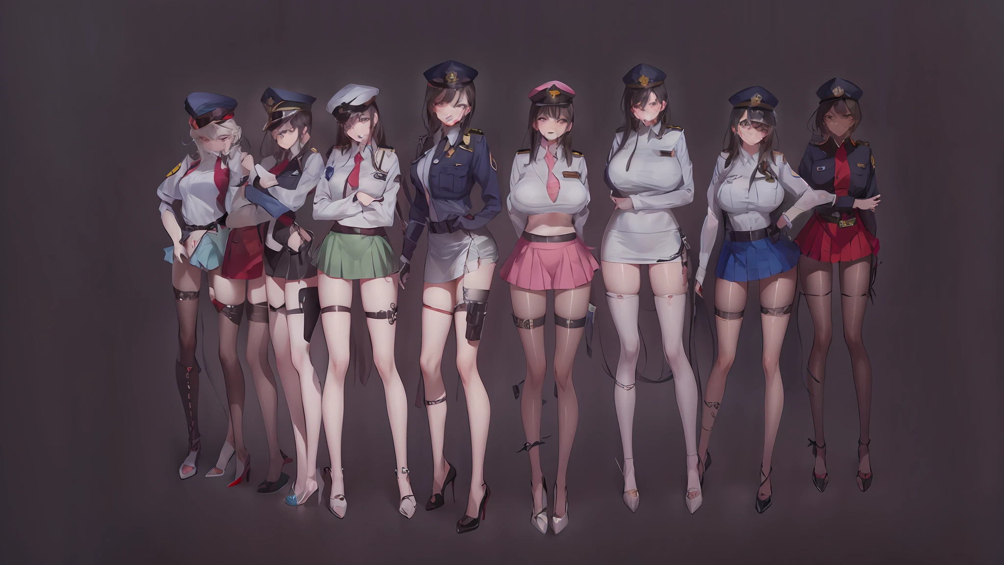 There are many different colors of female models in uniform, Policewoman uniform，Superskirt，stocklings，Perfect legs，Slender legs，high-heels，A masterpiece，Highest image quality，Delicate face，Perfect face，finely-detailed eyes，oversized boobs