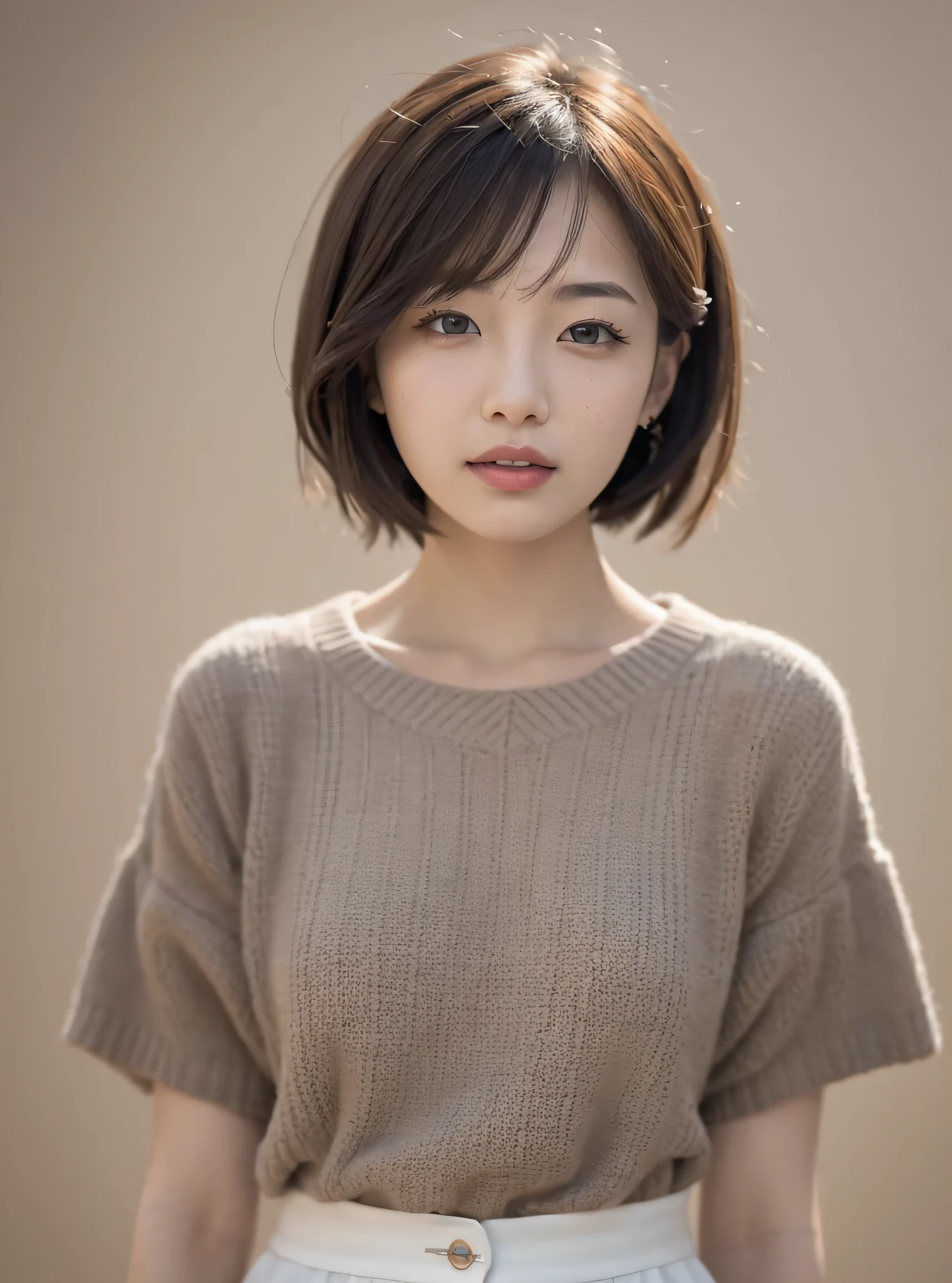 Specific to a young woman with short hair,Wear outfits,Funny expressions,Squint into the sky,A look of impatience,clean backdrop,Light brown background,natural soft colors
