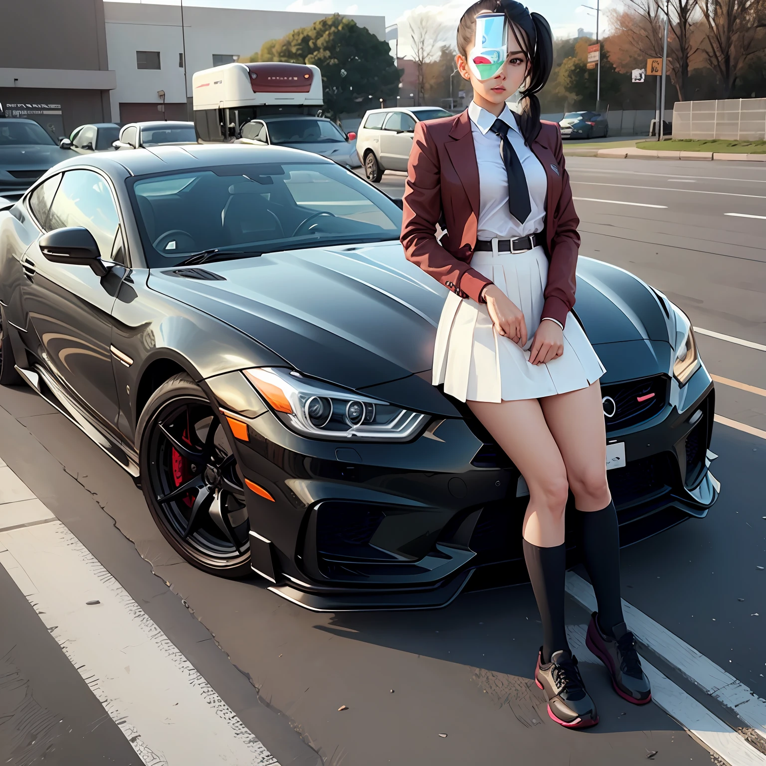 Pure school uniform ponytail standing in front of the sports car --auto