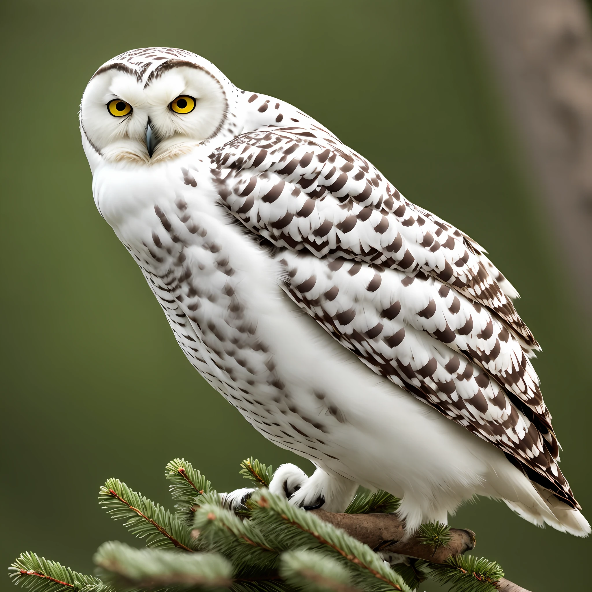 Bird Photography, Captivating Snowy Owl in a dark green spruce, Photorealistic, hyperrealism, Bubo Scandiacus, stunning, Award-winning photography, Bokeh, Vivid, Beautiful lighting, HD, HDR, UHD --s 500 --c 14 --ar 9:16 --auto