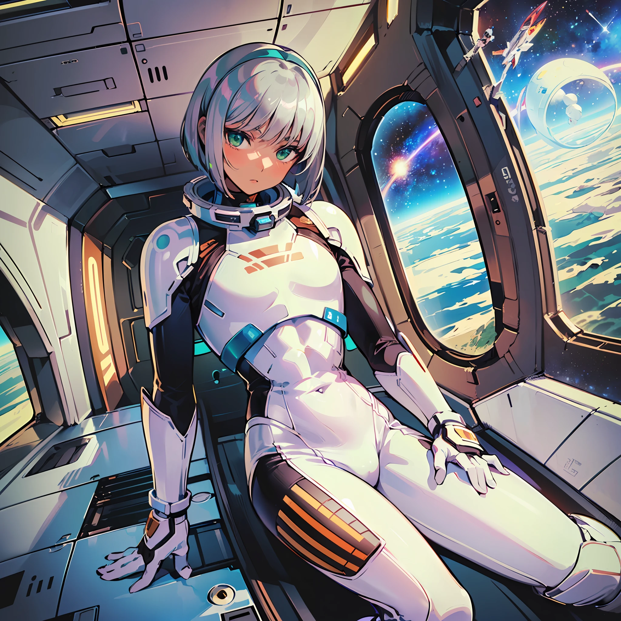 ((Masterpiece)), ((Best Quality)), ((Best Quality)), (Illustration of One Boy), Full Body, ((Bishonen)), (Man's Daughter), (Neutral), (((Silver Hair Bob Cut)), Hair Band, Green Eyes, (((Brown Skin)), (Toned Body), Abs, ((White Pilot Suit)), ((Inside the Spaceship)), (Outside the Window, Space, Earth from Space, Spaceport)